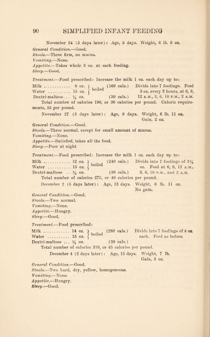 November 24 (3 days later) : Age, 5 days. Weight, 6 lb. 9 oz. General Condition.—Good. Stools.—Three firm, no mucus. V omiting.—None. Appetite.—Takes whole 3 oz. at each feeding. Sleep.—Good. Treatment.—Food prescribed: Increase the milk 1 oz. each day up to: Milk. 8 oz. ) _ (160 cals.) Divide into 7 feedings. Feed Water . 15 oz. f boded 3 0z. every 3 hours, at 6, 9, Dextri-maltose. . . y4 oz“ (30 cals.) 12 a.m., 3, 6, 10 p.m., 2 a.m. Total number of calories 190, or 30 calories per pound. Caloric require¬ ments, 55 per pound. November 27 (3 days later) : Age, 8 days. Weight, 6 lb. 11 oz. Gain, 2 oz. General Condition.—Good. Stools.—Three normal, except for small amount of mucus. V omiting.—None. Appetite.—Satisfied, takes all the food. Sleep.—Poor at night Treatment.—Food prescribed: Increase the milk 1 oz. each day up to: Milk. 12 oz. | . (240 cals.) Divide into 7 feedings of 3y2 Water . 15 oz. \ boiled oz. Feed at 6, 9, 12 a.m., Dextri-maltose . . *4 oz. (30 cals.) 3, 6, 10 p.m., and 2 a.m. Total number of calories 27G, or 40 calories per pound. December 2 (5 days later) : Age, 13 days. Weight, 6 lb. 11 oz. No gain. General Condition.—Good. Stools.—Two normal. Yomi ting.—N one. Appetite.—Hungry. Sleep.—Good. Treatment.—Food prescribed: Milk. 14 oz. ) . (280 cals.) Divide into 7 feedings of 4 oz. Water . 15 oz. j bo^ed each. Feed as before. Dextri-maltose ... y4 oz. (30 cals.) Total number of calories 310, or 45 calories per pound. December 4 (2 days later) : Age, 15 days. Weight, 7 lb. Gain, 5 oz. General Condition.—Good. Stools.—Two hard, dry, yellow, homogeneous. Y omiting.—None. Appetite.—Hungry. Sleep.—Good.