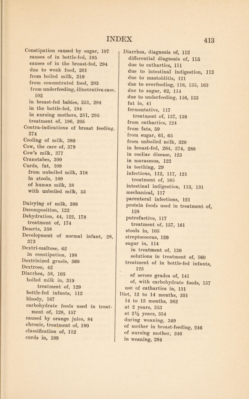 Constipation caused by sugar, 197 causes of in bottle-fed, 195 causes of in the breast-fed, 294 due to weak food, 201 from boiled milk, 310 from concentrated food, 203 from underfeeding, illustrative case, 102 in breast-fed babies, 251, 294 in the bottle-fed, 194 in nursing mothers, 251, 295 treatment of, 196, 205 Contra-indications of breast feeding, 274 Cooling of milk, 380 Cow, the care of, 379 Cow’s milk, 377 Cranotabes, 300 Curds, fat, 109 from unboiled milk, 318 in stools, 109 of human milk, 38 with unboiled milk, 53 Dairying of milk, 389 Decomposition, 122 Dehydration, 44, 122, 178 treatment of, 174 Deserts, 358 Development of normal infant, 28, 373 Dextri-maltose, 62 in constipation, 198 Dextrinized gruels, 360 Dextrose, 42 Diarrhea, 58, 105 boiled milk in, 319 treatment of, 129 bottle-fed infants, 112 bloody, 167 carbohydrate foods used in treat¬ ment of, 128, 157 caused by orange juice, 84 chronic, treatment of, 180 classification of, 112 curds in, 109 Diarrhea, diagnosis of, 112 differential diagnosis of, 115 due to cathartics. 111 due to intestinal indigestion, 113 due to mastoiditis, 121 due to overfeeding, 116, 135, 163 due to sugar, 62, 114 due to underfeeding, 116, 133 fat in, 41 fermentative, 117 treatment of, 137, 138 from cathartics, 124 from fats, 59 from sugar, 61, 65 from unboiled milk, 320 in breast-fed, 264, 274, 288 in coeliac disease, 123 in marasmus, 122 in teething, 29 infectious, 112, 117, 121 treatment of, 165 intestinal indigestion, 113, 131 mechanical, 117 parenteral infections, 121 protein foods used in treatment of, 128 putrefactive, 117 treatment of, 157, 161 stools in, 105 streptococcus, 120 sugar in, 114 in treatment of, 130 solutions in treatment of, 160 treatment of in bottle-fed infants, 125 of severe grades of, 141 of, with carbohydrate foods, 157 use of cathartics in, 131 Diet, 12 to 14 months, 351 14 to 15 months, 362 at 2 years, 353 at 2*4 years, 354 during weaning, 349 of mother in breast-feeding, 246 of nursing mother, 246 in weaning, 284