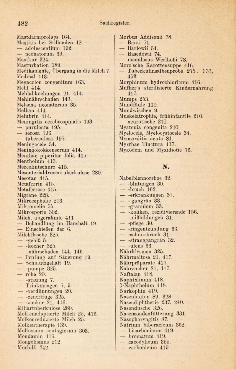 Mastdarmprolaps 164. Mastitis bei Stillenden 12. — adolescentium 192. — neonatorum 39. Mastkur 324. Masturbation 189. Medikamente, Übergang in die Milch 7. Medinal 413. Megacolon congenitum 163. Mehl 414. Mehlabkochungen 21, 414. Mehlnährschaden 143. Melaena neonatorum 35. Melban 414. Melubrin 414. Meningitis cerebrospinalis 193. — purulenta 195. — serosa 196. — tuberculosa 197. Meningocele 34. Meningokokkenserum 414. Menthae piperitae folia 415. Mentholum 415. Mercolintschurz 415. Mesenterialdrüsentuberkulose 280. Mesotan 415. Metaferrin 415. Metaferrose 415. Migräne 228. Mikrocephalie 213. Mikromelie 55. Mikrosporie 302. Milch, abgerahmte 411 — Behandlung im Haushalt 19. — Einschießen der 6. Milchflasche 325. — -gebiß 5. — -kocher 325. — -nährschaden 144, 146. — Prüfung auf Säuerung 19. — Schmutzgehalt 19. — -pumpe 325. — rohe 20. — -Stauung 7. — Trinkmengen 7, 9. — -Verdünnungen 20. — -Zentrifuge 325. — -zucker 21, 416. Miliartuberkulose 280. Molkenadaptierte Milch 25, 416. Molkenreduzierte Milch 25. Molkentherapie 139. Molluscum contagiosum 303. Mondamin 416. Mongolismus 212. Morbilli 242. Morbus Addisonii 78. — Banti 71. — Barlowii 54. — Basedowii 74. — maculosus Werlhofii 73. Moro’sche Karottensuppe 416. — Tuberkulinsalbenprobe 275 , 333, 452. Morphinum hydrochloricum 416. Muffler’s sterilisierte Kindernahrung 417. Mumps 253. Mundfäule 110. Mundwischen 9. Muskelatrophie, frühinfantile 210. — neurotische 210. Myatonia congenita 210. Myelocele, Myelocystocele 34. Myocarditis acuta 81. Myrrhae Tinctura 417. Myxödem und Myxidiotie 76. IV. Nabelblennorrhoe 32. — -blutungen 30. — -bruch 162. — -erkrankungen 31. — - gangrän 33. — -granulom 33. — -koliken, rezidivierende 156. — -mißbildungen 31. — -pflege 30. — -ringentzündung 33. — -schnurbruch 31. — -stranggangrän 32. — -ulcus 33. Nährklysmen 325. Nährmaltose 21, 417. Nährpräparate 417. Nährzucker 21, 417. Naftalan 418. Naphtalinum 418. (i-Naphtholum 418. Narkophin 419. Nasenbluten 89, 328. Nasendiphtherie 237, 240. Nasendusche 326. Naseneondenfütterung 331. Nasopharvngitis 87. Natrium biboracicum 362. — bicarbonicum 419. — bromatum 419. — cacodylicum 355. — carbonicum 419.