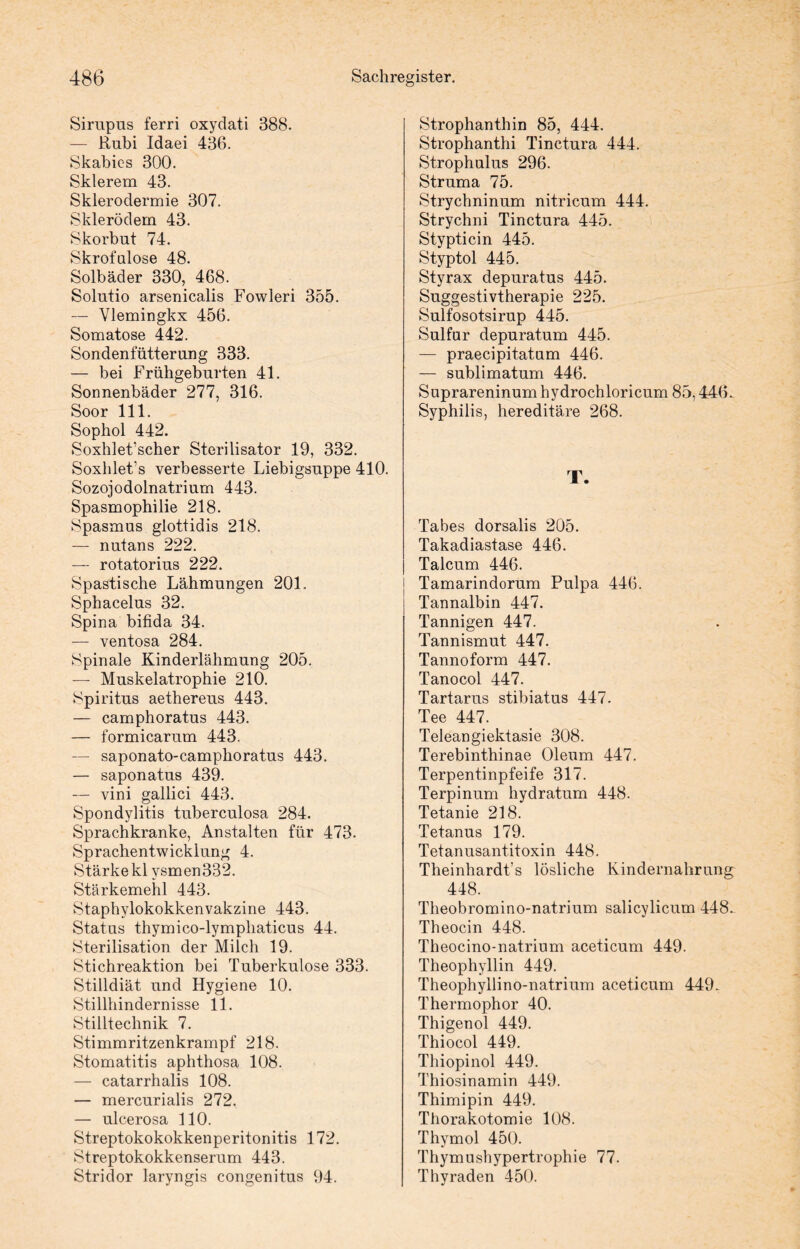 Sirupus ferri oxydati 388. — Rubi Idaei 436. Skabies 300. Sklerem 43. Sklerodermie 307. Skierödem 43. Skorbut 74. Skrofulöse 48. Solbäder 330, 468. Solutio arsenicalis Fowleri 355. — Vlemingkx 456. Somatose 442. Sondenfütterung 333. — bei Frühgeburten 41. Sonnenbäder 277, 316. Soor 111. Sophol 442. Soxhlet’scher Sterilisator 19, 332. Soxhlet’s verbesserte Liebigsuppe 410. Sozojodolnatrium 443. Spasmophilie 218. Spasmus glottidis 218. — nutans 222. — rotatorius 222. Spastische Lähmungen 201. Sphacelus 32. Spina bifida 34. — ventosa 284. Spinale Kinderlähmung 205. — Muskelatrophie 210. Spiritus aethereus 443. — camphoratus 443. — formicarum 443. — saponato-camphoratus 443. — saponatus 439. — vini gallici 443. Spondylitis tuberculosa 284. Sprachkranke, Anstalten für 473. Sprachentwicklung 4. Stärke kl vsmen 332. Stärkemehl 443. Staphylokokkenvakzine 443. Status thymico-lymphaticus 44. Sterilisation der Milch 19. Stichreaktion bei Tuberkulose 333. Stilldiät und Hygiene 10. Stillhindernisse 11. Stilltechnik 7. Stimmritzenkrampf 218. Stomatitis aphthosa 108. — catarrhalis 108. — mercurialis 272. — ulcerosa 110. Streptokokokkenperitonitis 172. Streptokokkenserum 443. Stridor laryngis congenitus 94. Strophanthin 85, 444. Strophanthi Tinctura 444. Strophulus 296. Struma 75. Strychninum nitricum 444. Strychni Tinctura 445. Stypticin 445. Styptol 445. Styrax depuratus 445. Suggestivtherapie 225. Sulfosotsirup 445. Sulfur depuratum 445. — praecipitatum 446. — sublimatum 446. Suprareninum hydrochloricum 85,446. Syphilis, hereditäre 268. T. Tabes dorsalis 205. Takadiastase 446. Talcum 446. Tamarindorum Pulpa 446. Tannalbin 447. Tannigen 447. Tannismut 447. Tannoform 447. Tanocol 447. Tartarus stibiatus 447. Tee 447. Teleangiektasie 308. Terebinthinae Oleum 447. Terpentinpfeife 317. Terpinum hydratum 448. Tetanie 218. Tetanus 179. Tetanusantitoxin 448. Theinhardt’s lösliche Kindernahrung^ 448. Theobromino-natrium salicylicum 448. Theocin 448. Theocino-natrium aceticum 449. Theophyllin 449. Theophyllino-natrium aceticum 449. Thermophor 40. Thigenol 449. Thiocol 449. Thiopinol 449. Thiosinamin 449. Thimipin 449. Thorakotomie 108. Thymol 450. Thymushypertrophie 77. Thyraden 450.