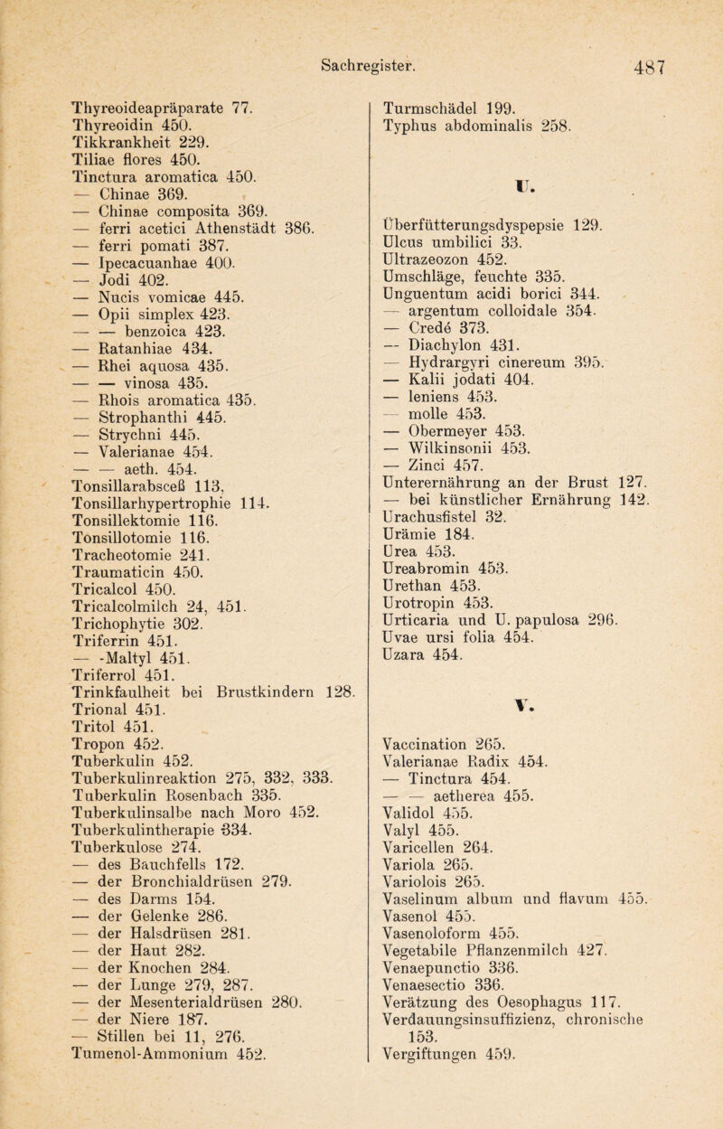 Thyreoideapräparate 77. Thyreoidin 450. Tikkrankheit 229. Tiliae flores 450. Tinctura aromatica 450. — Chinae 369. — Chinae composita 369. — ferri acetici Athenstädt 386. — ferri pomati 387. — Ipecacuanhae 400. — Jodi 402. — Nucis vomicae 445. — Opii simplex 423. — — benzoica 423. — Ratanhiae 434. — Rhei aquosa 435. — — vinosa 435. — Rhois aromatica 435. — Strophanthi 445. — Strychni 445. — Valerianae 454. — — aeth. 454. Tonsillarabsceß 113, Tonsillarhypertrophie 114. Tonsillektomie 116. Tonsillotomie 116. Tracheotomie 241. Traumaticin 450. Tricalcol 450. Tricalcolmilch 24, 451. Trichophytie 302. Triferrin 451. — -Maltyl 451. Triferrol 451. Trinkfaulheit bei Brustkindern 128. Trional 451. Tritol 451. Tropon 452. Tuberkulin 452. Tuberkulinreaktion 275, 332, 333. Tuberkulin Rosenbach 335. Tuberkulinsalbe nach Moro 452. Tuberkulintherapie R34. Tuberkulose 274. — des Bauchfells 172. — der Bronchialdrüsen 279. — des Darms 154. — der Gelenke 286. — der Halsdrüsen 281. — der Haut 282. — der Knochen 284. — der Lunge 279, 287. — der Mesenterialdrüsen 280. — der Niere 187. — Stillen bei 11, 276. Tumenol-Ammonium 452. Turmschädel 199. Typhus abdominalis 258. U. Überfütterungsdyspepsie 129. Ulcus umbilici 33. Ultrazeozon 452. Umschläge, feuchte 335. Unguentum acidi borici 344. — argentum eolloidale 354. — Crede 373. — Diachylon 431. — Hydrargyri cinereum 395. — Kalii jodati 404. — leniens 453. — molle 453. — Obermeyer 453. — Wilkinsonii 453. — Zinci 457. Unterernährung an der Brust 127. — bei künstlicher Ernährung 142. Urachusfistel 32. Urämie 184. Urea 453. Ureabromin 453. Urethan 453. Urotropin 453. Urticaria und U. papulosa 296. Uvae ursi folia 454. Uzara 454. V. Vaccination 265. Valerianae Radix 454. — Tinctura 454. — — aetherea 455. Validol 455. Valyl 455. Varicellen 264. Variola 265. Variolois 265. Vaselinum album und flavum 455. Vasenol 455. Vasenoloform 455. Vegetabile Pflanzenmilch 427. Venaepunctio 336. Venaesectio 336. Verätzung des Oesophagus 117. Verdauungsinsuffizienz, chronische 153. Vergiftungen 459.