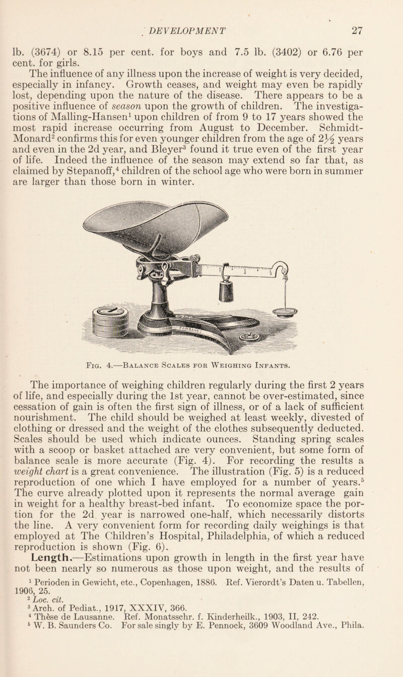 lb. (3674) or 8.15 per cent, for boys and 7.5 lb. (3402) or 6.76 per cent, for girls. The influence of any illness upon the increase of weight is very decided, especially in infancy. Growth ceases, and weight may even be rapidly lost, depending upon the nature of the disease. There appears to be a positive influence of season upon the growth of children. The investiga¬ tions of Malling-Hansen1 upon children of from 9 to 17 years showed the most rapid increase occurring from August to December. Schmidt- Monard2 confirms this for even younger children from the age of 2% years and even in the 2d year, and Bleyer3 found it true even of the first year of life. Indeed the influence of the season may extend so far that, as claimed by Stepanoff,4 children of the school age who were born in summer are larger than those born in winter. The importance of weighing children regularly during the first 2 years of life, and especially during the 1st year, cannot be over-estimated, since cessation of gain is often the first sign of illness, or of a lack of sufficient nourishment. The child should be weighed at least weekly, divested of clothing or dressed and the weight of the clothes subsequently deducted. Scales should be used which indicate ounces. Standing spring scales with a scoop or basket attached are very convenient, but some form of balance scale is more accurate (Fig. 4). For recording the results a weight chart is a great convenience. The illustration (Fig. 5) is a reduced reproduction of one which I have employed for a number of years.5 The curve already plotted upon it represents the normal average gain in weight for a healthy breast-bed infant. To economize space the por¬ tion for the 2d year is narrowed one-half, which necessarily distorts the line. A very convenient form for recording daily weighings is that employed at The Children’s Hospital, Philadelphia, of which a reduced reproduction is shown (Fig. 6). Length.—Estimations upon growth in length in the first year have not been nearly so numerous as those upon weight, and the results of 1 Periodenin Gewicht, etc., Copenhagen, 1886. Ref. Vierordt’s Datenu. Tabellen, 1906, 25. 2 Loc. cit. 3 Arch, of Pediat., 1917, XXXIV, 366. 4 Th&se de Lausanne. Ref. Monatsschr. f. Kinderheilk., 1903, II, 242. 5 W. B. Saunders Co. For sale singly by E. Pennock, 3609 Woodland Ave., Phila.