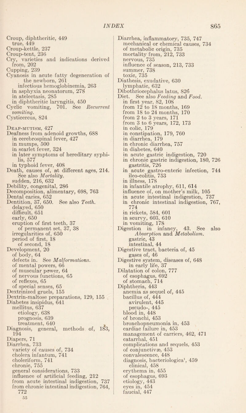 Croup, diphtheritic, 449 true, 449 Croup-kettle, 237 Croup-tent, 236 Cry, varieties and indications derived from, 202 Cupping, 239 Cyanosis in acute fatty degeneration of the newborn, 261 infectious hemoglobinemia, 263 in asphyxia neonatorum, 278 in atelectasis, 285 in diphtheritic laryngitis, 450 Cyclic vomiting, 701. See Recurrent vomiting. Cysticercus, 824 Deaf-mutism, 427 Deafness from adenoid growths, 688 in cerebrospinal fever, 427 in mumps, 500 in scarlet fever, 324 in later symptoms of hereditary syphi¬ lis, 577 in typhoid fever, 408 Death, causes of, at different ages, 214. See also Mortality. sudden, 216, 632 Debility, congenital, 286 Decomposition, alimentary, 698, 763 Dental caries, 652 Dentition, 37, 650. See also Teeth. delayed, 650 difficult, 651 early, 650 eruption of first teeth, 37 of permanent set, 37, 38 irregularities of, 650 period of first, 18 of second, 18 Development, 20 of body, 64 defects in. See Malformations. of mental powers, 66 of muscular power, 64 of nervous functions, 65 of reflexes, 65 of special senses, 65 Dextrinized gruels, 155 Dextrin-maltose preparations, 129, 155 , Diabetes insipidus, 641 mellitus, 637 etiology, 638 prognosis, 639 treatment, 640 ^ Diagnosis, general, methods of, 183, 194 Diapers, 71 Diarrhea, 733 variety of causes of, 734 cholera infantum, 741 choleriform, 741 chronic, 755 general considerations, 733 influence of artificial feeding, 212 from acute intestinal indigestion, 737 from chronic intestinal indigestion, 764, 772 55 Diarrhea, inflammatory, 735, 747 mechanical or chemical causes, 734 of metabolic origin, 735 mortality from, 212, 733 nervous, 735 influence of season, 213, 733 summer, 738 toxic, 735 Diathesis, exudative, 630 lymphatic, 632 Dibothriocephalus latus, 826 Diet. See also Feeding and Food. in first year, 82, 108 from 12 to 18 months, 169 from 18 to 24 months, 170 from 2 to 3 years, 171 from 3 to 6 years, 172, 173 in colic, 179 in constipation, 179, 760 in diarrhea, 179 in chronic diarrhea, 757 in diabetes, 640 in acute gastric indigestion, 720 in chronic gastric indigestion, 180, 726 gastritis, 726 in acute gastro-enteric infection, 744 ileo-colitis, 753 in illness, 178 in infantile atrophy, 611, 614 influence of, on mother’s milk, 105 in acute intestinal indigestion, 737 in chronic intestinal indigestion, 767, 774 in rickets, 584, 601 in scurvy, 603, 610 in vomiting, 178 Digestion in infancy, 43. See also Absorption and Metabolism. gastric, 43 intestinal, 44 Digestive tract, bacteria of, 45 gases of, 46 Digestive system, diseases of, 648 in early life, 37 Dilatation of colon, 777 of esophagus, 692 of stomach, 714 Diphtheria, 443 anemia as sequel of, 445 bacillus of, 444 avirulent, 445 pseudo-, 445 blood in, 448 of bronchi, 453 bronchopneumonia in, 453 cardiac failure in, 453 management of carriers, 462, 471 catarrhal, 451 complications and sequels, 453 of conjunctivse, 453 convalescence, 448 diagnosis, bacteriological 459 clinical, 458 erythema in, 455 of esophagus, 693 etiology, 443 eyes in, 454 faucial, 447