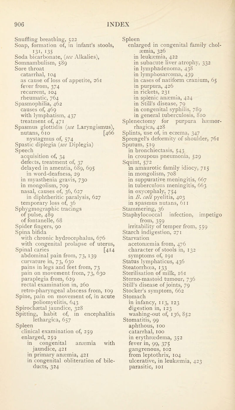 Snuffling breathing, 522 Soap, formation of, in infant’s stools, ]3h 135 Soda bicarbonate, {see Alkalies), Somnambulism, 589 Sore throat catarrhal, 104 as cause of loss of appetite, 261 fever from, 374 recurrent, 104 rheumatic, 764 Spasmophilia, 462 causes of, 469 with lymphatism, 437 treatment of, 471 Spasmus glottidis {see Laryngismus), nutans, 610 [466 nystagmus of, 574 Spastic diplegia (see Diplegia) Speech acquisition of, 34 defects, treatment of, 37 delayed in amentia, 689, 695 in word-deafness, 29 in myasthenia gravis, 730 in mongolism, 709 nasal, causes of, 36, 627 in diphtheritic paralysis, 627 temporary loss of, 36 Sphygmographic tracings of pulse, 489 of fontanelle, 68 Spider fingers, 90 Spina bifida with chronic hydrocephalus, 676 with congenital prolapse of uterus, Spinal caries [414 abdominal pain from, 73, 139 curvature in, 73, 630 pains in legs and feet from, 73 pain on movement from, 73, 630 paraplegia from, 629 rectal examination in, 260 retro-pharyngeal abscess from, 109 Spine, pain on movement of, in acute poliomyelitis, 643 Spirochaetal jaundice, 328 Spitting, habit of, in encephalitis lethargica, 657 Spleen clinical examination of, 259 enlarged, 259 in congenital anaemia with jaundice, 421 in primary anaemia, 421 in congenital obliteration of bile- ducts, 324 Spleen enlarged in congenital family chol- aemia, 326 in leukaemia, 422 in subacute liver atrophy, 332 in lymphadenoma, 438 in lymphosarcoma, 439 in cases of natiform cranium, 65 in purpura, 426 in rickets, 231 in splenic anaemia, 424 in Still’s disease, 79 in congenital syphilis, 789 in general tuberculosis, 810 Splenectomy for purpura haernor- rhagica, 428 Splints, use of, in eczema, 347 Sprengel’s deformity of shoulder, 761 Sputum, 519 in bronchiectasis, 543 in croupous pneumonia, 529 Squint, 572 in amaurotic family idiocy, 715 in mongolism, 708 in suppurative meningitis, 667 in tuberculous meningitis, 663 in oxycephaly, 754 in B. coli pyelitis, 403 in spasmus nutans, 611 Stammering, 36 Staphylococcal infection, impetigo from, 359 irritability of temper from, 559 Starch indigestion, 271 Starvation acetonaemia from, 476 character of stools in, 132 symptoms of, 191 Status lymphaticus, 436 Steatorrhcea, 133 Sterilisation of milk, 161 Sterno-mastoid tumour, 736 Still’s disease of joints, 79 Stocker’s symptom, 662 Stomach in infancy, 113, 123 digestion in, 123 washing-out of, 136, 852 Stomatitis, 99 aphthous, 100 catarrhal, 100 in erythrcedema, 352 fever in, 99, 375 gangrenous, 102 from leptothrix, 104 ulcerative, in leukaemia, 423 parasitic, 101