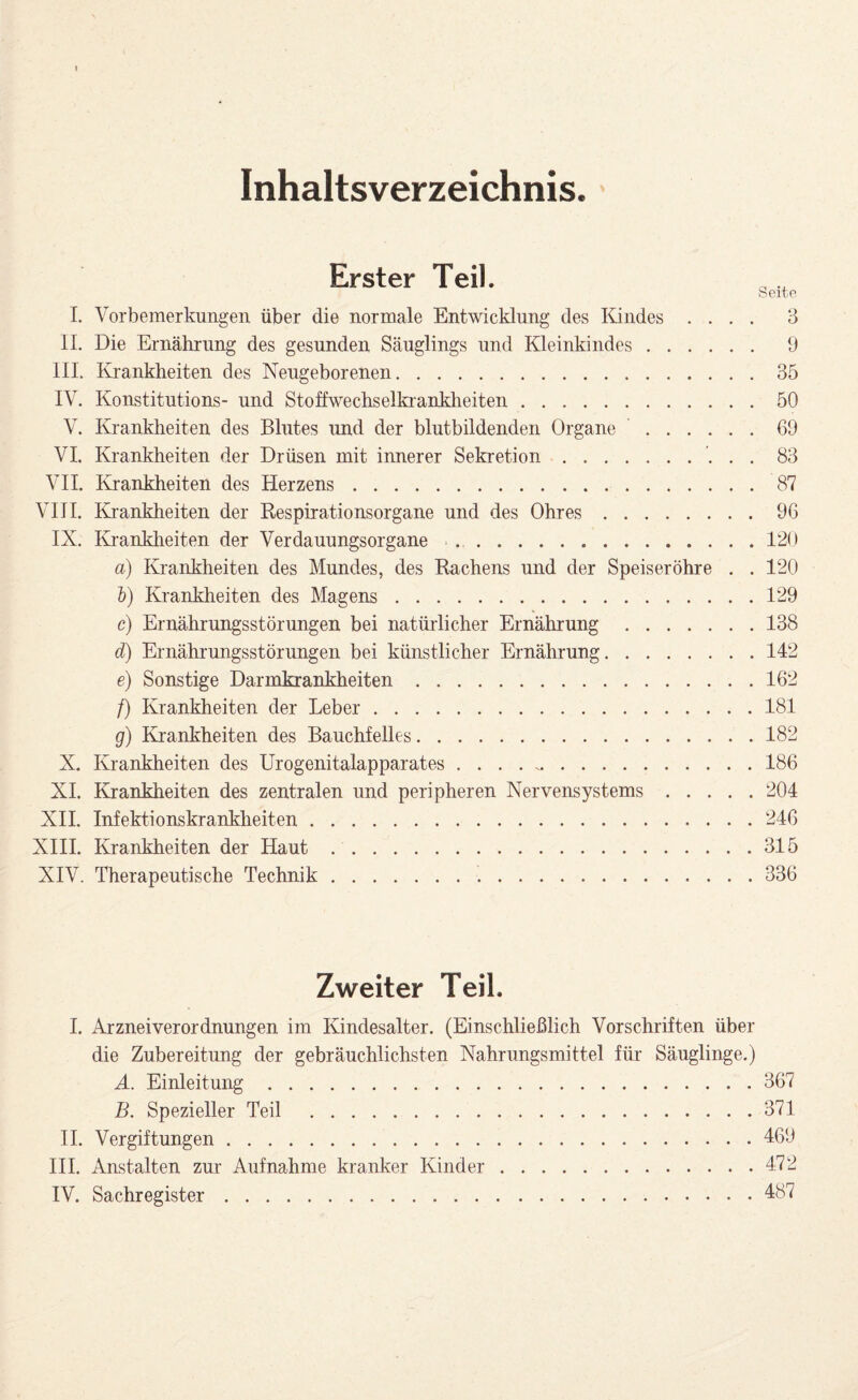 Inhaltsverzeichnis. Erster Teil. ^.. Seite 1. Vorbemerkungen über die normale Entwicklung des Kindes .... 3 II. Die Ernährung des gesunden Säuglings und Kleinkindes. 9 III. Krankheiten des Neugeborenen.35 IV. Konstitutions- und Stoffwechselkrankheiten.60 V. Krankheiten des Blutes und der blutbildenden Organe .69 VI. Krankheiten der Drüsen mit innerer Sekretion. 83 VII. Krankheiten des Herzens.87 VIII. Krankheiten der Respirationsorgane und des Ohres.96 IX. Ivranklieiten der Verdauungsorgane ..129 a) Krankheiten des Mundes, des Rachens und der Speiseröhre . . 120 b) Krankheiten des Magens.129 c) Ernährungsstörungen bei natürlicher Ernährung.138 d) Ernährungsstörungen bei künstlicher Ernährung.142 e) Sonstige Darmkrankheiten.162 /) Krankheiten der Leber.181 g) Krankheiten des Bauchfelles.182 X. Krankheiten des Urogenitalapparates.186 XI. Krankheiten des zentralen und peripheren Nervensystems.204 XII. Infektionskrankheiten.246 XIII. Krankheiten der Haut.315 XIV. Therapeutische Technik.336 Zweiter Teil. I. Arzneiverordnungen im Kindesalter. (Einschließlich Vorschriften über die Zubereitung der gebräuchlichsten Nahrungsmittel für Säuglinge.) A. Einleitung.367 B. Spezieller Teil .371 II. Vergiftungen.469 III. Anstalten zur Aufnahme kranker Kinder.472 IV. Sachregister.487