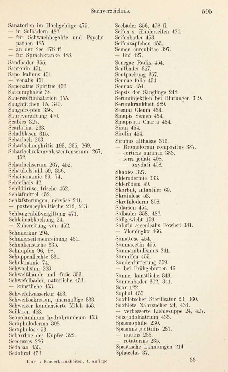 Sanatorien im Hochgebirge 475. — in Solbädern 482. — für Schwachbegabte und Psycho¬ pathen 485. — an der See 478 ff. — für Sprachkranke 488. Sandbäder 355. Santonin 451. Sapo kalinus 451. — venalis 451. Saponatus Spiritus 452. Sarcomphalus 38. Sauerstoffinhalation 355. Saughütchen 15, 340. Saugpfropfen 356. Säure Vergiftung 470. Scabies 327. Scarlatina 263. Schälblasen 315. Scharlach 263. Scharlachnephritis 193, 265, 269. Scharlachrekonvaleszentenserum 267, 452. Scharlachserum 267, 452. Schaukelstuhl 59, 356. Scheinanämie 69, 74. Schief hals 42. Schilddrüse, frische 452. Schlafmittel 452. Schlafstörungen, nervöse 241. — postencephalitische 212, 213. Schlangenbißvergiftung 471. Schleimabkochung 24. — Zubereitung von 452. Schmierkur 294. Schmierseifeneinreibimg 451. Schnakenstiche 335. Schnupfen 96, 98. Schuppenflechte 331. Schulanämie 74. Schwachsinn 223. Schweißhände und -füße 333. Schwefelbäder, natürliche 453. — künstliche 453. Schwefelwasserkur 453. Schweißsekretion, übermäßige 333. Schweizer kondensierte Milch 453. Scillaren 453. Scopolaminum hydrobromicum 453. Scrophuloderma 308. Scrophulose 53. Seborrhoe des Kopfes 322. Secousses 226. Sedacao 453. Sedobrol 453. Seebäder 356, 478 ff. Seifen s. Kinderseifen 424. Seifenbäder 453. Seifenzäpfchen 453. Semen curcubitae 397. — lini 427. Senegae Radix 454. Senfbäder 357. Senfpackung 357. Sennae folia 454. Sennax 454. Sepsis der Säuglinge 248. Seruminiektion bei Blutungen 3^9. Serumkrankheit 289. Sesami Oleum 454. Sinapis Semen 454. Sinapisata Charta 454. Siran 454. Sirolin 454. Sirupus althaeae 376. — Bromoformii compositus 387. — corticis aurantii 383. — ferri jodati 408. — — oxydati 408. Skabies 327. Sklerodermie 333. Skierödem 49. Skorbut, infantiler 60. Skrofulöse 53. Skrofuloderm 308. Solarson 454. Solbäder 358, 482. Sollgewicht 159. Solutio arsenicalis Fowleri 381. — Vlemingkx 466. Somatose 454. Somnacetin 455. Somnambulismus 241. Somnifen 455. Sondenfütterung 359. — bei Frühgeburten 46. Sonne, künstliche 343. Sonnenbäder 302, 341. Soor 122. Sophol 455. Soxhletscher Sterilisator 23, 360. Soxhlets Nährzucker 24, 433. — verbesserte Liebigsuppe 24, 427. Sozoiodolnatrium 435. Spasmophilie 230. Spasmus glottidis 231. — nutans 235. — rotatorius 235. Spastische Lähmungen 214. Sphacelus 37. Lust: Kinderkrankheiten. 4. Auflage. 33