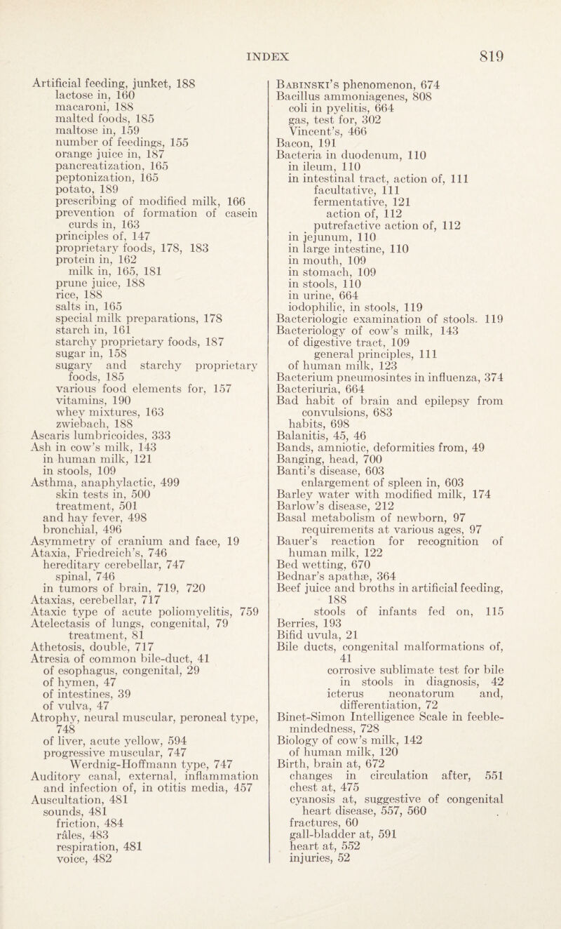 Artificial feeding, junket, 188 lactose in, 160 macaroni, 188 malted foods, 185 maltose in, 159 number of feedings, 155 orange juice in, 187 pancreatization, 165 peptonization, 165 potato, 189 prescribing of modified milk, 166 prevention of formation of casein curds in, 163 principles of, 147 proprietary foods, 178, 183 protein in, 162 milk in, 165, 181 prune juice, 188 rice, 188 salts in, 165 special milk preparations, 178 starch in, 161 starchy proprietary foods, 187 sugar in, 158 sugary and starchy proprietary foods, 185 various food elements for, 157 vitamins, 190 whey mixtures, 163 zwiebach, 188 Ascaris lumbricoides, 333 Ash in cow’s milk, 143 in human milk, 121 in stools, 109 Asthma, anaphylactic, 499 skin tests in, 500 treatment, 501 and hay fever, 498 bronchial, 496 Asymmetry of cranium and face, 19 Ataxia, Friedreich’s, 746 hereditary cerebellar, 747 spinal, 746 in tumors of brain, 719, 720 Ataxias, cerebellar, 717 Ataxic type of acute poliomyelitis, 759 Atelectasis of lungs, congenital, 79 treatment, 81 Athetosis, double, 717 Atresia of common bile-duct, 41 of esophagus, congenital, 29 of hymen, 47 of intestines, 39 of vulva, 47 Atrophy, neural muscular, peroneal type, 748 of liver, acute yellow, 594 progressive muscular, 747 Werdnig-Hoffmann type, 747 Auditory canal, external, inflammation and infection of, in otitis media, 457 Auscultation, 481 sounds, 481 friction, 484 rales, 483 respiration, 481 voice, 482 Babinski’s phenomenon, 674 Bacillus ammoniagenes, 808 coli in pyelitis, 664 gas, test for, 302 Vincent’s, 466 Bacon, 191 Bacteria in duodenum, 110 in ileum, 110 in intestinal tract, action of, 111 facultative, 111 fermentative, 121 action of, 112 putrefactive action of, 112 in jejunum, 110 in large intestine, 110 in mouth, 109 in stomach, 109 in stools, 110 in urine, 664 iodophilic, in stools, 119 Bacteriologic examination of stools. 119 Bacteriology of cow’s milk, 143 of digestive tract, 109 general principles, 111 of human milk, 123 Bacterium pneumosintes in influenza, 374 Bacteriuria, 664 Bad habit of brain and epilepsy from convulsions, 683 habits, 698 Balanitis, 45, 46 Bands, amniotic, deformities from, 49 Banging, head, 700 Banti’s disease, 603 enlargement of spleen in, 603 Barley water with modified milk, 174 Barlow’s disease, 212 Basal metabolism of newborn, 97 requirements at various ages, 97 Bauer’s reaction for recognition of human milk, 122 Bed wetting, 670 Bednar’s apathse, 364 Beef juice and broths in artificial feeding, 188 stools of infants fed on, 115 Berries, 193 Bifid uvula, 21 Bile ducts, congenital malformations of, 41 corrosive sublimate test for bile in stools in diagnosis, 42 icterus neonatorum and, differentiation, 72 Binet-Simon Intelligence Scale in feeble¬ mindedness, 728 Biology of cow’s milk, 142 of human milk, 120 Birth, brain at, 672 changes in circulation after, 551 chest at, 475 cyanosis at, suggestive of congenital heart disease, 557, 560 fractures, 60 gall-bladder at, 591 heart at, 552 injuries, 52