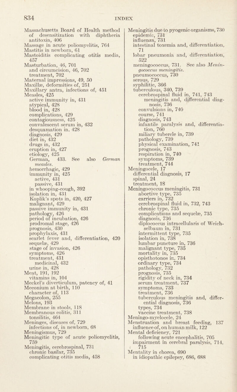 Massachusetts Board of Health method of desensitization with diphtheria antitoxin, 406 Massage in acute poliomyelitis, 764 Mastitis in newborn, 61 Mastoiditis complicating otitis media, 457 Masturbation, 46, 701 and circumcision, 46, 702 treatment, 702 Maternal impressions, 49, 50 Maxillae, deformities of, 251 Maxillary antra, infections of, 451 Measles, 425 active immunity in, 431 atypical, 428 blood in, 428 complications, 429 contagiousness, 425 convalescent serum in, 432 desquamation in, 428 diagnosis, 429 diet in, 432 drugs in, 432 eruption in, 427 etiology, 425 German, 433. See also German measles. hemorrhagic, 429 immunity in, 425 active, 431 passive, 431 in whooping-cough, 392 isolation in, 431 Koplik’s spots in, 420, 427 malignant, 429 passive immunity in, 431 pathology, 426 period of incubation, 426 prodromal stage, 426 prognosis, 430 prophylaxis, 431 scarlet fever and, differentiation, 420 sequelae, 429 stage of invasion, 426 symptoms, 426 treatment, 431 medicinal, 432 urine in, 428 Meat, 191, 192 vitamins in, 104 Meckel’s diverticulum, patency of, 41 Meconium at birth, 110 character of, 113 Megacolon, 255 Melons, 193 Membrane in stools, 118 Membranous colitis, 311 tonsilitis, 464 Meninges, diseases of, 729 infections of, in newborn, 68 Meningismus, 729 Meningitic type of acute poliomyelitis, 759 Meningitis, cerebrospinal, 731 chronic basilar, 735 complicating otitis media, 458 Meningitis due to pyogenic organisms, 730 epidemic, 731 influenza, 731 intestinal toxemia and, differentiation, 71 lobar pneumonia and, differentiation, 522 meningococcus, 731. See also Menin¬ gococcus meningitis. pneumococcus, 730 serous, 729 syphilitic, 366 tuberculous, 340, 739 cerebrospinal fluid in, 741, 743 meningitis and, differential diag¬ nosis, 736 convulsions in, 740 course, 741 diagnosis, 743 infantile paralysis and, differentia¬ tion, 760 miliary tubercle in, 739 pathology, 739 physical examination, 741 prognosis, 743 respiration in, 740 symptoms, 739 treatment, 744 Meningocele, 17 differential diagnosis, 17 spinal, 24 treatment, 18 Meningococcus meningitis, 731 abortive type, 735 carriers in, 732 cerebrospinal fluid in, 732, 743 chronic type, 735 complications and sequelae, 735 diagnosis, 736 diplococcus intracellularis of Weich- selbaum in, 731 intermittent type, 735 isolation in, 738 lumbar puncture in, 736 malignant type, 735 mortality in, 735 opisthotonos in, 734 ordinary type, 734 pathology, 732 prognosis, 735 rigidity of neck in, 734 serum treatment, 737 symptoms, 733 treatment, 736 tuberculous meningitis and, differ¬ ential diagnosis, 736 types, 734 vaccine treatment, 738 Meningo-myelocele, 24 Menstruation and breast feeding, 137 influence of, on human milk, 122 Mental deficiency, 721 following acute encephalitis, 705 impairment in cerebral paralysis, 714, - 715 Mentality in chorea, 690 in idiopathic epilepsy, 686, 688