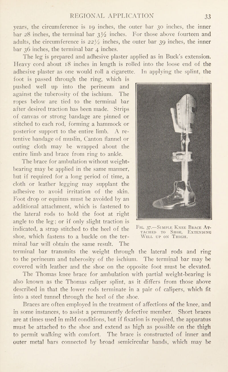 years, the circumference is 19 inches, the outer bar 30 inches, the inner bar 28 inches, the terminal bar 3^2 inches. Lor those above fourteen and adults, the circumference is 22^ inches, the outer bar 39 inches, the inner bar 36 inches, the terminal bar 4 inches. The leg is prepared and adhesive plaster applied as in Buck’s extension. Heavy cord about 18 inches in length is rolled into the loose end of the adhesive plaster as one would roll a cigarette. In applying the splint, the foot is passed through the ring, which is pushed well up into the perineum and against the tuberosity of the ischium. The ropes below are tied to the terminal bar after desired traction has been made. Strips of canvas or strong bandage are pinned or stitched to each rod, forming a hammock or posterior support to the entire limb. A re¬ tentive bandage of muslin, Canton flannel or outing cloth may be wrapped about the entire limb and brace from ring to ankle. The brace for ambulation without weight¬ bearing may be applied in the same manner, but if required for a long period of time, a cloth or leather legging may supplant the adhesive to avoid irritation of the skin. Foot drop or equinus must be avoided by an additional attachment, which is fastened to the lateral rods to hold the foot at right angle to the leg; or if only slight traction is indicated, a strap stitched to the heel of the shoe, which fastens to a buckle on the ter¬ minal bar will obtain the same result. The Fig. 37.—Simple Knee Brace At¬ tached to Shoe, Extending Well up on Thigh. terminal bar transmits the weight through the lateral rods and ring to the perineum and tuberosity of the ischium. The terminal bar may be covered with leather and the shoe on the opposite foot must be elevated. The Thomas knee brace for ambulation with partial weight-bearing is also known as the Thomas caliper splint, as it differs from those above described in that the lower rods terminate in a pair of calipers, which fit into a steel tunnel through the heel of the shoe. Braces are often employed in the treatment of affections of the knee, and in some instances, to assist a permanently defective member. Short braces are at times used in mild conditions, but if fixation is required, the apparatus must be attached to the shoe and extend as high as possible on the thigh to permit walking with comfort. The brace is constructed of inner and outer metal bars connected by broad semicircular bands, which may be