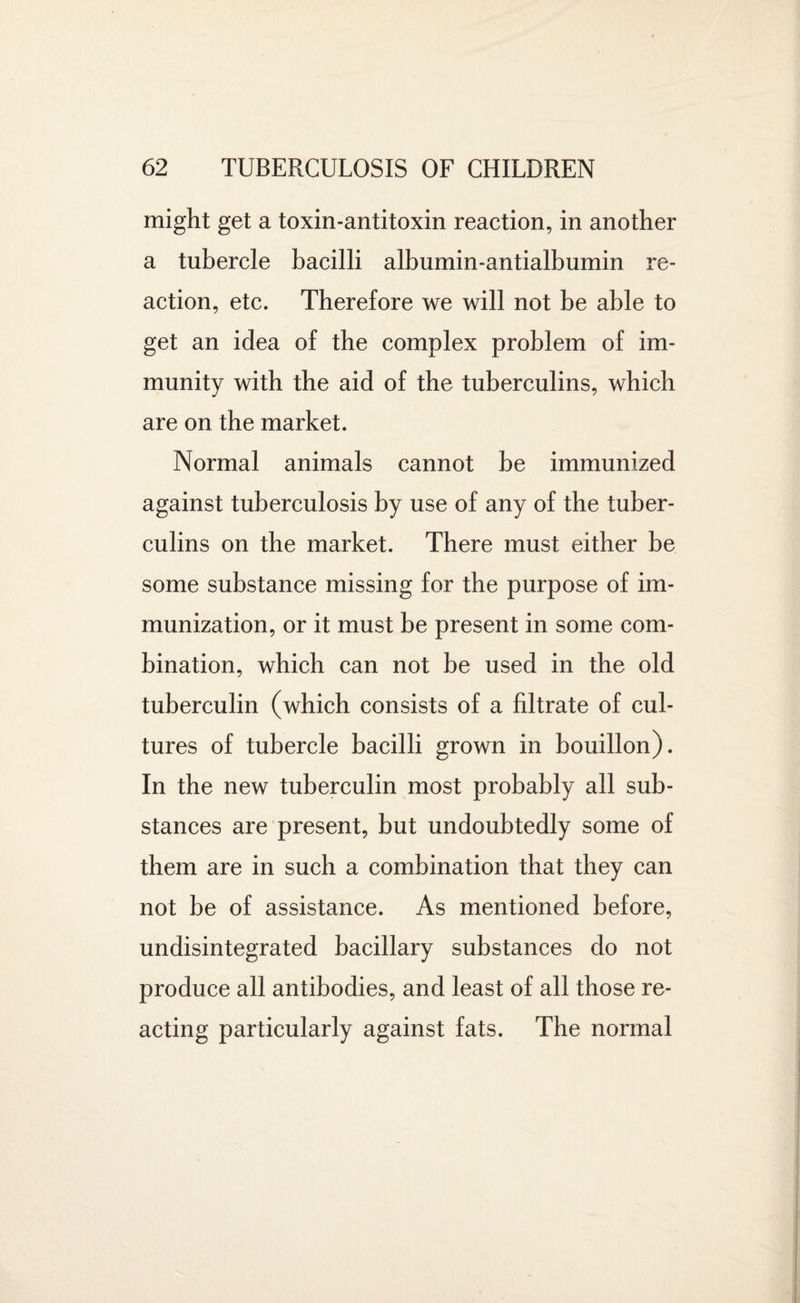 might get a toxin-antitoxin reaction, in another a tubercle bacilli albumin-antialbumin re¬ action, etc. Therefore we will not be able to get an idea of the complex problem of im¬ munity with the aid of the tuberculins, which are on the market. Normal animals cannot be immunized against tuberculosis by use of any of the tuber¬ culins on the market. There must either be some substance missing for the purpose of im¬ munization, or it must be present in some com¬ bination, which can not be used in the old tuberculin (which consists of a filtrate of cul¬ tures of tubercle bacilli grown in bouillon). In the new tuberculin most probably all sub¬ stances are present, but undoubtedly some of them are in such a combination that they can not be of assistance. As mentioned before, undisintegrated bacillary substances do not produce all antibodies, and least of all those re¬ acting particularly against fats. The normal