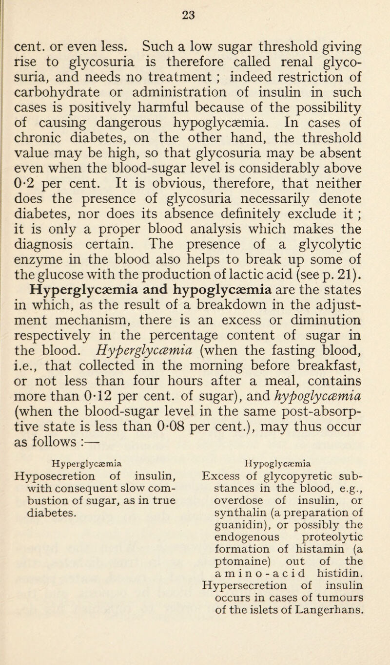 cent, or even less. Such a low sugar threshold giving rise to glycosuria is therefore called renal glyco¬ suria, and needs no treatment; indeed restriction of carbohydrate or administration of insulin in such cases is positively harmful because of the possibility of causing dangerous hypoglycaemia. In cases of chronic diabetes, on the other hand, the threshold value may be high, so that glycosuria may be absent even when the blood-sugar level is considerably above 0-2 per cent. It is obvious, therefore, that neither does the presence of glycosuria necessarily denote diabetes, nor does its absence definitely exclude it; it is only a proper blood analysis which makes the diagnosis certain. The presence of a glycolytic enzyme in the blood also helps to break up some of the glucose with the production of lactic acid (see p. 21). Hyperglycaemia and hypoglycaemia are the states in which, as the result of a breakdown in the adjust¬ ment mechanism, there is an excess or diminution respectively in the percentage content of sugar in the blood. Hyperglycemia (when the fasting blood, i.e., that collected in the morning before breakfast, or not less than four hours after a meal, contains more than 0-12 per cent, of sugar), and hypoglycemia (when the blood-sugar level in the same post-absorp¬ tive state is less than 0-08 per cent.), may thus occur as follows :— Hyperglycaemia Hyposecretion of insulin, with consequent slow com¬ bustion of sugar, as in true diabetes. Hypoglycaemia Excess of glycopyretic sub¬ stances in the blood, e.g., overdose of insulin, or synthalin (a preparation of guanidin), or possibly the endogenous proteolytic formation of histamin (a ptomaine) out of the amino-acid histidin. Hypersecretion of insulin occurs in cases of tumours of the islets of Langerhans.