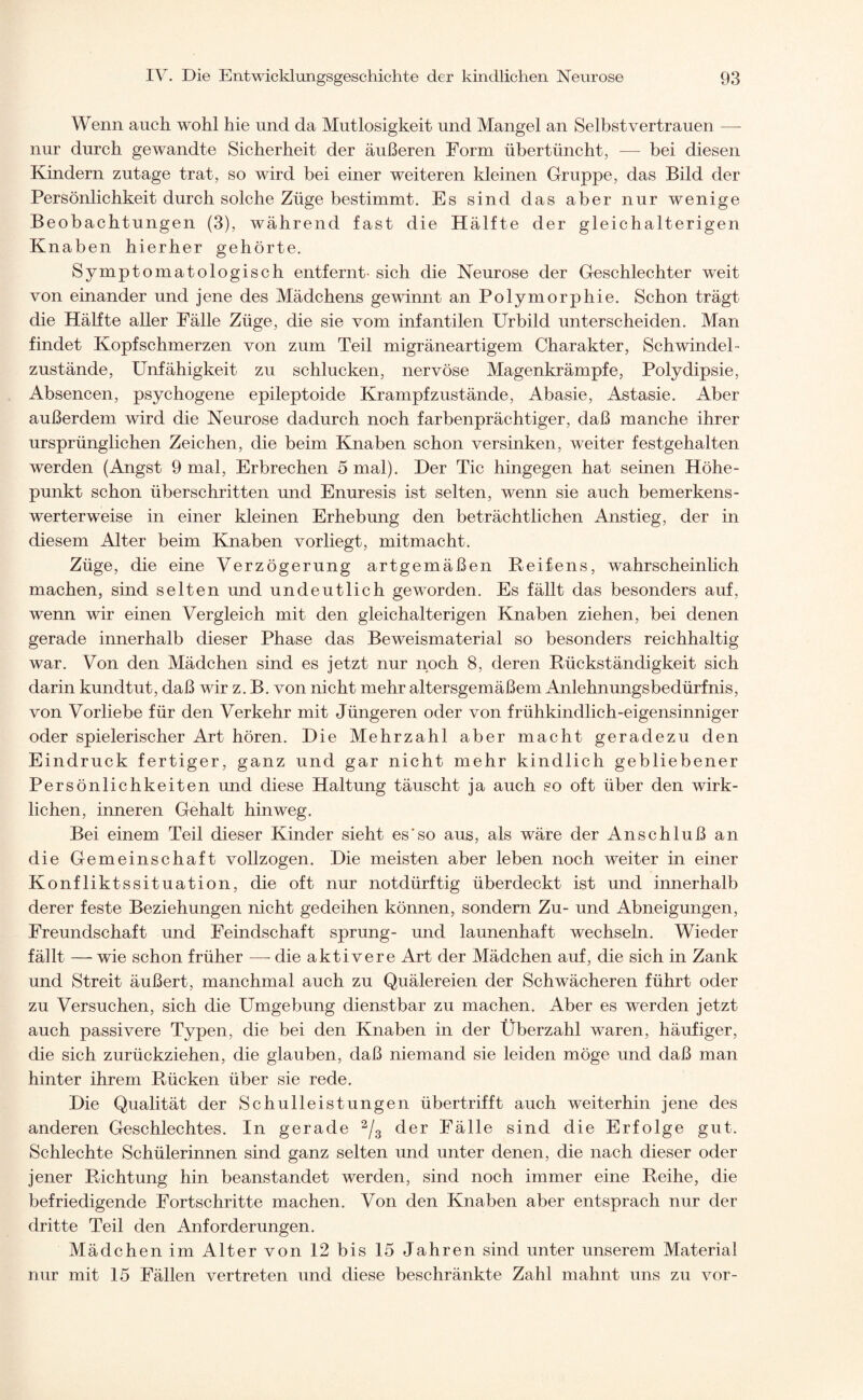 Wenn auch wohl hie und da Mutlosigkeit und Mangel an Selbstvertrauen —- nur durch gewandte Sicherheit der äußeren Form übertüncht, —- bei diesen Kindern zutage trat, so wird bei einer weiteren kleinen Gruppe, das Bild der Persönlichkeit durch solche Züge bestimmt. Es sind das aber nur wenige Beobachtungen (3), während fast die Hälfte der gleichalterigen Knaben hierher gehörte. Symptomatologisch entfernt- sich die Neurose der Geschlechter weit von einander und jene des Mädchens gewinnt an Polymorphie. Schon trägt die Hälfte aller Fälle Züge, die sie vom infantilen Urbild unterscheiden. Man findet Kopfschmerzen von zum Teil migräneartigem Charakter, Schwindel- zustände, Unfähigkeit zu schlucken, nervöse Magenkrämpfe, Polydipsie, Absencen, psychogene epileptoide Krampf zustände, Abasie, Astasie. Aber außerdem wird die Neurose dadurch noch farbenprächtiger, daß manche ihrer ursprünglichen Zeichen, die beim Knaben schon versinken, weiter festgehalten werden (Angst 9 mal, Erbrechen 5 mal). Der Tic hingegen hat seinen Höhe¬ punkt schon überschritten und Enuresis ist selten, wenn sie auch bemerkens¬ werterweise in einer kleinen Erhebung den beträchtlichen Anstieg, der in diesem Alter beim Knaben vorliegt, mitmacht. Züge, die eine Verzögerung artgemäßen Reifens, wahrscheinlich machen, sind selten und undeutlich geworden. Es fällt das besonders auf, wenn wir einen Vergleich mit den gleichalterigen Knaben ziehen, bei denen gerade innerhalb dieser Phase das Beweismaterial so besonders reichhaltig war. Von den Mädchen sind es jetzt nur noch 8, deren Rückständigkeit sich darin kundtut, daß wir z. B. von nicht mehr altersgemäßem Anlehnungsbedürfnis, von Vorliebe für den Verkehr mit Jüngeren oder von frühkindlich-eigensinniger oder spielerischer Art hören. Die Mehrzahl aber macht geradezu den Eindruck fertiger, ganz und gar nicht mehr kindlich gebliebener Persönlichkeiten und diese Haltung täuscht ja auch so oft über den wirk¬ lichen, inneren Gehalt hinweg. Bei einem Teil dieser Kinder sieht es'so aus, als wäre der Anschluß an die Gemeinschaft vollzogen. Die meisten aber leben noch weiter in einer Konfliktssituation, die oft nur notdürftig überdeckt ist und innerhalb derer feste Beziehungen nicht gedeihen können, sondern Zu- und Abneigungen, Freundschaft und Feindschaft Sprung- und launenhaft wechseln. Wieder fällt — wie schon früher —- die aktivere Art der Mädchen auf, die sich in Zank und Streit äußert, manchmal auch zu Quälereien der Schwächeren führt oder zu Versuchen, sich die Umgebung dienstbar zu machen. Aber es werden jetzt auch passivere Typen, die bei den Knaben in der Überzahl waren, häufiger, die sich zurückziehen, die glauben, daß niemand sie leiden möge und daß man hinter ihrem Rücken über sie rede. Die Qualität der Schulleistungen übertrifft auch weiterhin jene des anderen Geschlechtes. In gerade 2/3 der Fälle sind die Erfolge gut. Schlechte Schülerinnen sind ganz selten und unter denen, die nach dieser oder jener Richtung hin beanstandet werden, sind noch immer eine Reihe, die befriedigende Fortschritte machen. Von den Knaben aber entsprach nur der dritte Teil den Anforderungen. Mädchen im Alter von 12 bis 15 Jahren sind unter unserem Material nur mit 15 Fällen vertreten und diese beschränkte Zahl mahnt uns zu vor-