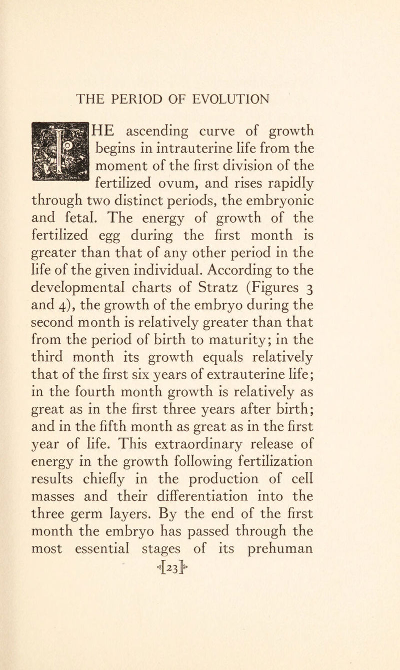 THE PERIOD OF EVOLUTION HE ascending curve of growth begins in intrauterine life from the moment of the first division of the fertilized ovum, and rises rapidly through two distinct periods, the embryonic and fetal. The energy of growth of the fertilized egg during the first month is greater than that of any other period in the life of the given individual. According to the developmental charts of Stratz (Figures 3 and 4), the growth of the embryo during the second month is relatively greater than that from the period of birth to maturity; in the third month its growth equals relatively that of the first six years of extrauterine life; in the fourth month growth is relatively as great as in the first three years after birth; and in the fifth month as great as in the first year of life. This extraordinary release of energy in the growth following fertilization results chiefly in the production of cell masses and their differentiation into the three germ layers. By the end of the first month the embryo has passed through the most essential stages of its prehuman °feISo