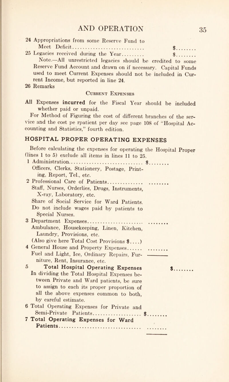 24 Appropriations from some Reserve Fund to Meet Deficit. $ 25 Legacies received during the Year. $. Note.—All unrestricted legacies should be credited to some Reserve Fund Account and drawn on if necessary. Capital Funds used to meet Current Expenses should not be included in Cur¬ rent Income, but reported in line 24. 26 Remarks Current Expenses All Expenses incurred for the Fiscal Year should be included whether paid or unpaid. For Method of Figuring the cost of different branches of the ser¬ vice and the cost pe rpatient per day see page 108 of “Hospital Ac¬ counting and Statistics,” fourth edition. HOSPITAL PROPER OPERATING EXPENSES Before calculating the expenses for operating the Hospital Proper (lines 1 to 5) exclude all items in lines 11 to 25. 1 Administration. %. Officers, Clerks, Stationery, Postage, Print¬ ing, Report, Tel., etc. 2 Professional Care of Patients. Staff, Nurses, Orderlies, Drugs, Instruments, X-ray, Laboratory, etc. Share of Social Service for Ward Patients. Do not include wages paid by patients to Special Nurses. 3 Department Expenses. Ambulance, Housekeeping, Linen, Kitchen, Laundry, Provisions, etc. (Also give here Total Cost Provisions $....) 4 General House and Property Expenses. Fuel and Light, Ice, Ordinary Repairs, Fur- —- niture, Rent, Insurance, etc. 5 Total Hospital Operating Expenses $. In dividing the Total Hospital Expenses be¬ tween Private and Ward patients, be sure to assign to each its proper proportion of all the above expenses common to both, by careful estimate. 6 Total Operating Expenses for Private and Semi-Private Patients. $. 7 Total Operating Expenses for Ward Patients.
