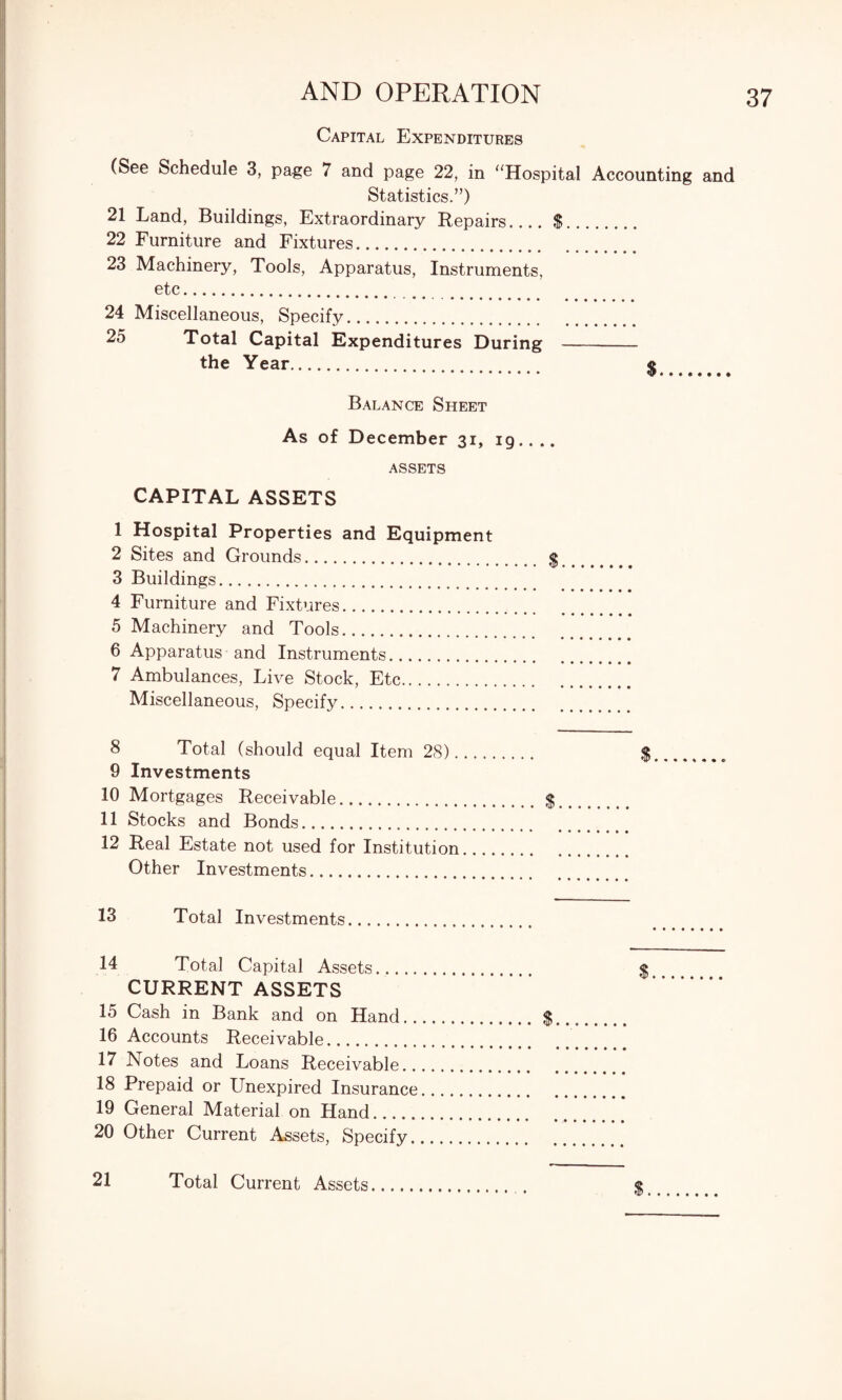 Capital Expenditures (See Schedule 3, page 7 and page 22, in “Hospital Accounting and Statistics.”) 21 Land, Buildings, Extraordinary Repairs_$. 22 Furniture and Fixtures. 23 Machinery, Tools, Apparatus, Instruments, etc. 24 Miscellaneous, Specify. 25 Total Capital Expenditures During - the Year. $ Balance Sheet As of December 31, 19.... ASSETS CAPITAL ASSETS 1 Hospital Properties and Equipment 2 Sites and Grounds. 3 Buildings. 4 Furniture and Fixtures. 5 Machinery and Tools. 6 Apparatus and Instruments. 7 Ambulances, Live Stock, Etc. Miscellaneous, Specify. 8 Total (should equal Item 28). $.. 9 Investments 10 Mortgages Receivable. $. 11 Stocks and Bonds. 12 Real Estate not used for Institution. Other Investments. 13 Total Investments 14 Total Capital Assets. CURRENT ASSETS 15 Cash in Bank and on Hand.$ 16 Accounts Receivable. 17 Notes and Loans Receivable. 18 Prepaid or Unexpired Insurance. 19 General Material on Hand. 20 Other Current Assets, Specify. 21 Total Current Assets