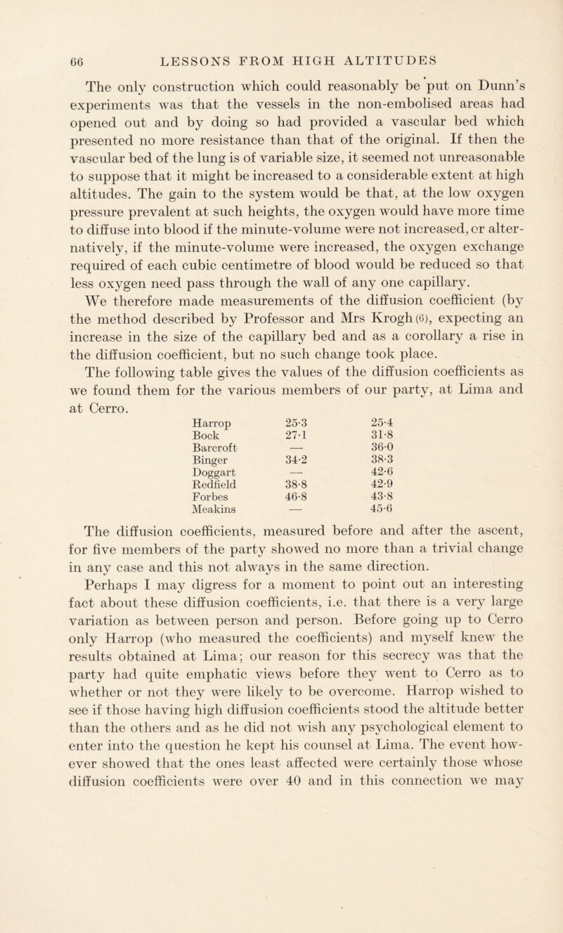 The only construction which could reasonably be put on Dunn’s experiments was that the vessels in the non-embolised areas had opened out and by doing so had provided a vascular bed which presented no more resistance than that of the original. If then the vascular bed of the lung is of variable size, it seemed not unreasonable to suppose that it might be increased to a considerable extent at high altitudes. The gain to the system would be that, at the low oxygen pressure prevalent at such heights, the oxygen would have more time to diffuse into blood if the minute-volume were not increased, or alter¬ natively, if the minute-volume were increased, the oxygen exchange required of each cubic centimetre of blood would be reduced so that less oxygen need pass through the wall of any one capillary. We therefore made measurements of the diffusion coefficient (by the method described by Professor and Mrs Krogh(6), expecting an increase in the size of the capillary bed and as a corollary a rise in the diffusion coefficient, but no such change took place. The following table gives the values of the diffusion coefficients as we found them for the various members of our party, at Lima and at Cerro. Harrop 25-3 25-4 Bock 27*1 31-8 Barcroft •—- 36-0 Binger 34-2 38-3 Doggart — 42-6 Redfield 38-8 42-9 Forbes 46-8 43-8 Meakins — 45-6 The diffusion coefficients, measured before and after the ascent, for five members of the party showed no more than a trivial change in any case and this not always in the same direction. Perhaps I may digress for a moment to point out an interesting fact about these diffusion coefficients, i.e. that there is a very large variation as between person and person. Before going up to Cerro only Harrop (who measured the coefficients) and myself knew the results obtained at Lima; our reason for this secrecy was that the party had quite emphatic views before they went to Cerro as to whether or not they were likely to be overcome. Harrop wished to see if those having high diffusion coefficients stood the altitude better than the others and as he did not wish any psychological element to enter into the question he kept his counsel at Lima. The event how¬ ever showed that the ones least affected were certainly those whose diffusion coefficients were over 40 and in this connection we may