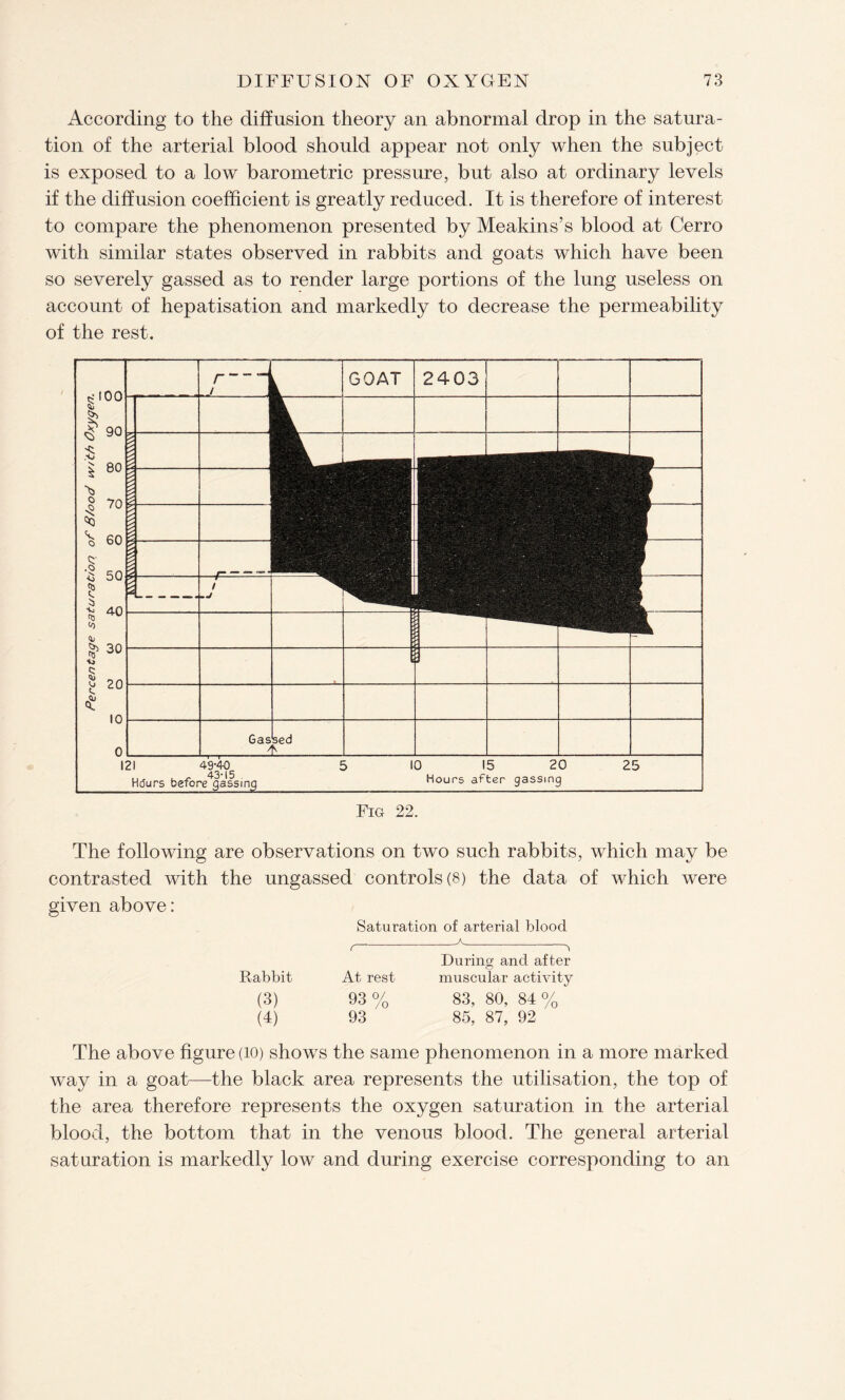 According to the diffusion theory an abnormal drop in the satura¬ tion of the arterial blood should appear not only when the subject is exposed to a low barometric pressure, but also at ordinary levels if the diffusion coefficient is greatly reduced. It is therefore of interest to compare the phenomenon presented by Meakins’s blood at Cerro with similar states observed in rabbits and goats which have been so severely gassed as to render large portions of the lung useless on account of hepatisation and markedly to decrease the permeability of the rest. The following are observations on two such rabbits, which may be contrasted with the ungassed controls (8) the data of which were given above: Saturation of arterial blood ,___A_„ ( ^ During and after Rabbit At rest muscular activity (3) 93 % 83, 80, 84 % (4) 93 85, 87, 92 The above figure (10) shows the same phenomenon in a more marked way in a goat—the black area represents the utilisation, the top of the area therefore represents the oxygen saturation in the arterial blood, the bottom that in the venous blood. The general arterial saturation is markedly low and during exercise corresponding to an