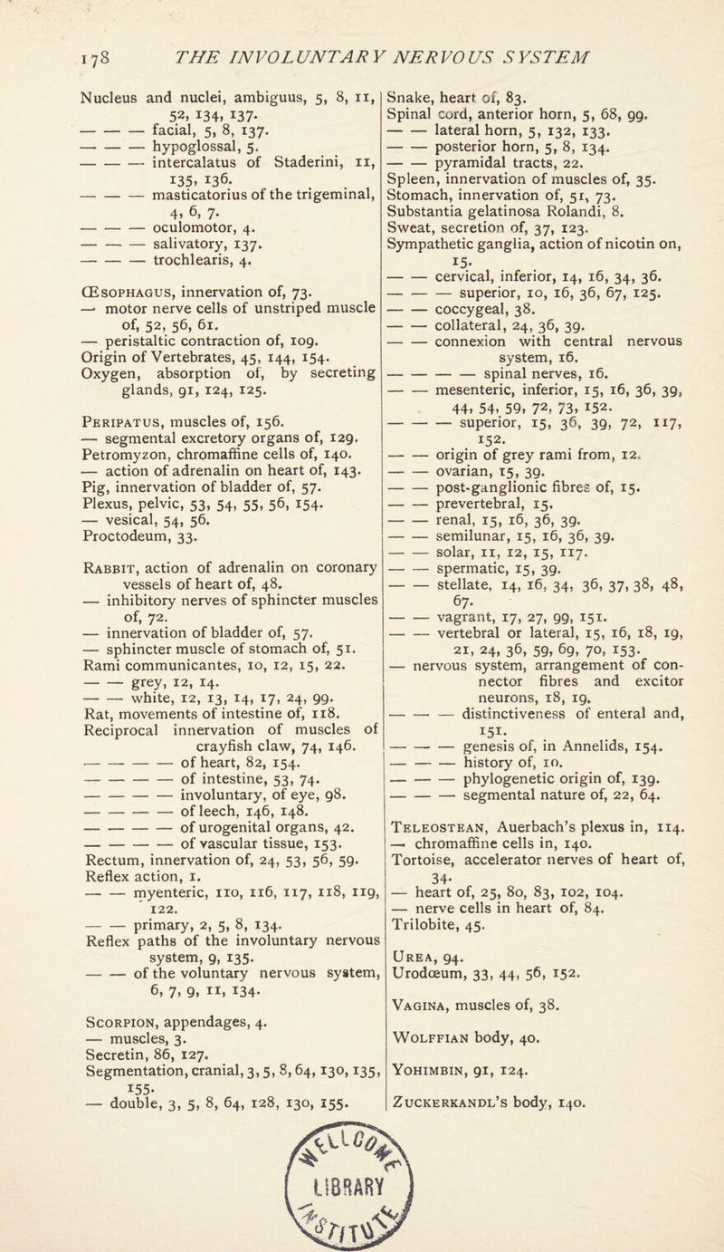 Nucleus and nuclei, ambiguus, 5, 8, ii, 52, 134, 137- -facial, 5, 8, 137. — --hypoglossal, 5. -intercalatus of Staderini, ii, 135, 136. -masticatorius of the trigeminal, 4> 6, 7. -oculomotor, 4. -salivatory, 137. -trochlearis, 4. (Esophagus, innervation of, 73. — motor nerve cells of unstriped muscle of, 52, 56, 61. — peristaltic contraction of, 109. Origin of Vertebrates, 45, 144, 154. Oxygen, absorption of, by secreting glands, 91, 124, 125. Peripatus, muscles of, 156. — segmental excretory organs of, 129. Petromyzon, chromaffine cells of, 140. — action of adrenalin on heart of, 143. Pig, innervation of bladder of, 57. Plexus, pelvic, 53, 54, 55, 56, 154. — vesical, 54, 56. Proctodeum, 33. Rabbit, action of adrenalin on coronary vessels of heart of, 48. — inhibitory nerves of sphincter muscles of, 72. — innervation of bladder of, 57. — sphincter muscle of stomach of, 51. Rami communicantes, 10, 12, 15, 22. -grey, 12, 14. -white, 12, 13, 14, 17, 24, 99. Rat, movements of intestine of, 118. Reciprocal innervation of muscles of crayfish claw, 74, 146. -of heart, 82, 154. -of intestine, 53, 74. -involuntary, of eye, 98. -of leech, 146, 148. -of urogenital organs, 42. -of vascular tissue, 153. Rectum, innervation of, 24, 53, 56, 59. Reflex action, i. -myenteric, no, 116, 117, 118, 119, 122. -primary, 2, 5, 8, 134. Reflex paths of the involuntary nervous system, 9, 135. -of the voluntary nervous system, 6, 7, 9, II, 134. Scorpion, appendages, 4. — muscles, 3. Secretin, 86, 127. Segmentation, cranial, 3,5, 8,64,130,135, — double, 3, 5, 8, 64, 128, 130, 155. Snake, heart of, 83. Spinal cord, anterior horn, 5, 68, 99. -lateral horn, 5, 132, 133. -posterior horn, 5, 8, 134. -pyramidal tracts, 22. Spleen, innervation of muscles of, 35. Stomach, innervation of, 51, 73. Substantia gelatinosa Rolandi, 8. Sweat, secretion of, 37, 123. Sympathetic ganglia, action of nicotin on, 15- -cervical, inferior, 14, 16, 34, 36. -superior, 10, 16, 36, 67, 125. -- coccygeal, 38. -collateral, 24, 36, 39. -connexion with central nervous system, 16. -spinal nerves, 16. -mesenteric, inferior, 15, 16, 36, 39, 44. 54. 59, 72, 73, 152. -superior, 15, 36, 39, 72, 117, 152. -origin of grey rami from, 12, -ovarian, 15, 39. -post-ganglionic fibres of, 15. -prevertebral, 15. -renal, 15, 16, 36, 39. -semilunar, 15, 16, 36, 39. -solar, II, 12, 15, 117. -spermatic, 15, 39. -stellate, 14, 16, 34, 36, 37, 38, 48, 67. -vagrant, 17, 27, 99, 151. -vertebral or lateral, 15, 16, 18, 19, 21, 24, 36, 59, 69, 70, 153. — nervous system, arrangement of con¬ nector fibres and excitor neurons, 18, 19. -— distinctiveness of enteral and, -genesis of, in Annelids, 154. -history of, 10. -phylogenetic origin of, 139. -- segmental nature of, 22, 64. Teleostean, Auerbach’s plexus in, 114. — chromaffine cells in, 140. Tortoise, accelerator nerves of heart of, 34* — heart of, 25, 80, 83, 102, 104. — nerve cells in heart of, 84. Trilobite, 45. Urea, 94. Urodoeum, 33, 44, 56, 152. Vagina, muscles of, 38. Wolffian body, 40. Yohimbin, 91, 124. Zuckerkandl’s body, 140.