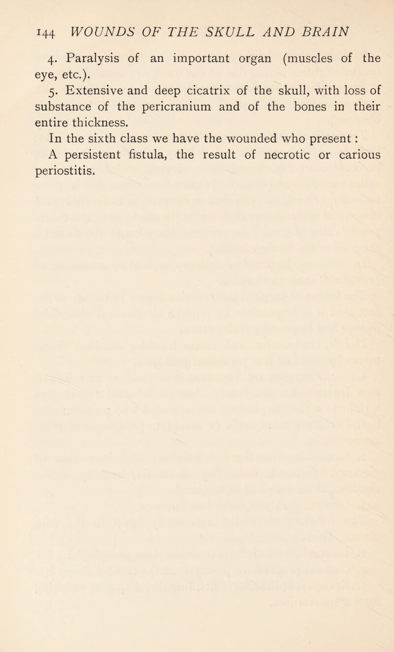 4. Paralysis of an important organ (muscles of the eye, etc.). 5. Extensive and deep cicatrix of the skull, with loss of substance of the pericranium and of the bones in their entire thickness. In the sixth class we have the wounded who present : A persistent fistula, the result of necrotic or carious periostitis.