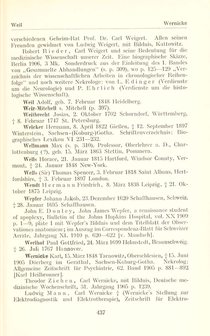 Weil Wernicke verschiedenen Gelieim-Rat Prof. Dr. Carl Weigert. Allen seinen Freunden gewidmet von Ludwig Weigert, mit Bildnis, Kattowitz. Robert Rieder, Carl Weigert und seine Bedeutung für die medizinische Wissenschaft unserer Zeit. Eine biographische Skizze, Berlin 1906, 3 Mk. Sonderdruck aus der Einleitung des 1. Bandes von „Gesammelte Abhandlungen“ (s. p. 309), wo p. 125—129 „Ver¬ zeichnis der wissenschaftlichen Arbeiten in chronologischer Reihen¬ folge“ und noch weitere Nekrologe: von L. Edinger (Verdienste um die Neurologie) und P. E h r 1 i c h (Verdienste um die histo¬ logische Wissenschaft). Weil Adolf, geh. 7. Februar 1818 Heidelberg. Weir-Mitchell s. Mitchell (p. 397). Weitbrecht Josias, 2. Oktober 1702 Schorndorf, Württemberg, 7 8. Februar 1747 St. Petersburg. Welcher Hermann, 8. April 1822 Gießen, f 12. September 1897 Winterstein, Sachsen-(Koburg-)Gotha. Schriftenverzeichnis: Bio¬ graphisches Lexikon VI 231—232. Wellmann Max (s. p. 310), Professor, Oberlehrer a. D., Char¬ lottenburg (?), geh. 15. März 1863 Stettin, Pommern. Wells Horace, 21. Januar 1815 Hartford, Windsor County, Ver¬ mont, f 24. Januar 1848 New-York. Wells (Sir) Thomas Spencer, 3. Februar 1818 Saint Albans, Hert- fordshire, f 3. Februar 1897 London. Wendt H e r m a n n Friedrich, 8. März 1838 Leipzig, f 21. Ok¬ tober 1875 Leipzig. Wepfer Johann Jakob, 23. Dezember 1620 Schaffhausen, Schweiz, 7 28. Januar 1695 Schaffhausen. John E. D o n 1 ey, John James Wepfer, a renaissance student of apoplexy, Bulletin of the Johns Hopkins Hospital, vol. NX 1909 p. 1—9, plate I mit Wepfer’s Bildnis und dem Titelblatt der Obser- vationes anatomicae; im Auszug im Gorrespondenz-Blatt für Schweizer Aerzte, Jahrgang XL 1910 p. 620—622 [v. Mandach]. Werlhoi Paul Gottfried, 24. März 1699 Helmstedt, Braunschweig, 7 26. Juli 1767 Hannover. Wernicke Karl, 15.März 1848 Tarnowitz, Oberschlesien, 7 15. Juni 1905 Dörrberg im Gerathai, Sachsen-Kcburg-Gotha. Nekrolog: Allgemeine Zeitschrift für Psychiatrie, 62. Band 1905 p. 881—892 [Karl Heilbronner]. Theodor Ziehen, Carl Wernicke, mit Bildnis, Deutsche me¬ dizinische Wochenschrift, 31. Jahrgang 1905 p. 1239. Ludwig M a 11 n , Carl Wernicke f (Wernicke’s Stellung zur Elektrodiagnostik und Elektrotherapie), Zeitschrift für Elektro-