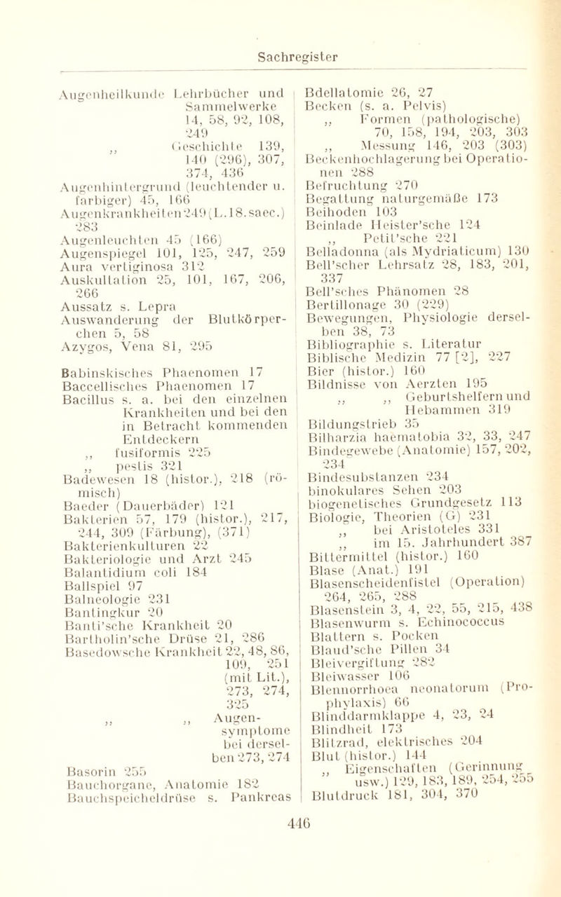 Augenheilkunde Lehrbücher und j Sammelwerke 14, 58, 92, 108, 249 Geschichte 139, 140 (296), 307, 374, 436 Augenhintergrund (leuchtender u. ; farbiger) 45, 166 Augenkrankheiten 249 (L. 18.saec.) 283 Augenleuchten 45 (166) Augenspiegel 101, 125, 247, 259 Aura vertiginosa 312 Auskultation 25, 101, 167, 206, 266 Aussatz s. Lepra Auswanderung der Blutkörper¬ chen 5, 58 Azygos, Vena 81, 295 Babinskisches Phaenomen 17 Baccellisches Phaenomen 17 Bacillus s. a. bei den einzelnen Krankheiten und bei den in Betracht kommenden Entdeckern ,, fusiformis 225 ,, peslis 321 Badewesen 18 (histor.), 218 (rö¬ misch) Boeder (Dauerbäder) 121 Bakterien 57, 179 (histor.), 217, 244, 309 (Färbung), (371) Bakterienkulturen 22 Bakteriologie und Arzt 245 Balantidium coli 184 Ballspiel 97 Balneologie 231 Bantingkur 20 Banti’sche Krankheit 20 Bartholin’sche Drüse 21, 286 Basedowsche Krankheit 22, 48, 86, j 109, 251 i (mit Lit.), 273, 274, , 325 „ „ Augen¬ symptome | bei dersel- j ben 273, 274 ! Basorin 255 Bauchorgane, Anatomie 182 Bauchspeicheldrüse s. Pankreas Bdellatomie 26, 27 Becken (s. a. Pelvis) ,, Formen (pathologische) 70, 158, 194, 203, 303 ,, Messung 146, 203 (303) Beckenhochlagerung bei Operatio¬ nen 288 Befruchtung 270 Begattung naturgemäße 173 Beihoden 103 Beinlade Heister’sche 124 ,, Petit’sche 221 Belladonna (als Mydriaticum) 130 Bell’scher Lehrsatz 28, 183, 201, 337 Bell’sches Phänomen 28 Bertillonage 30 (229) Bewegungen, Physiologie dersel¬ ben 38, 73 Bibliographie s. Literatur Biblische Medizin 77 [2], 227 Bier (histor.) 160 Bildnisse von Aerzten 195 ,, Geburtshelfern und Hebammen 319 Bildungstrieb 35 Bilharzia haematobia 32, 33, 247 Bindegewebe (Anatomie) 157, 202, 234 Bindesubstanzen 234 binokulares Sehen 203 biogenetisches Grundgesetz 113 Biologie, Theorien (G) 231 „ bei Aristoteles 331 ,, im 15. Jahrhundert 387 Bittermittel (histor.) 160 Blase (Anat.) 191 Blasenscheidenfistel (Operation) 264, 265, 288 Blasenstein 3, 4, 22, 55, 215, 438 Blasenwurm s. Echinococcus Blattern s. Pocken Blaud’sche Pillen 34 Bleivergiftung 282 Bleiwasser 106 Blennorrhoea neonatorum (Pro¬ phylaxis) 66 Blinddarmklappe 4, 23, 24 Blindheit 173 Blitzrad, elektrisches 204 Blut (histor.) 144 Eigenschaften (Gerinnung usw.) 129, 183, 189, 254, 255 Blutdruck 181, 304, 370