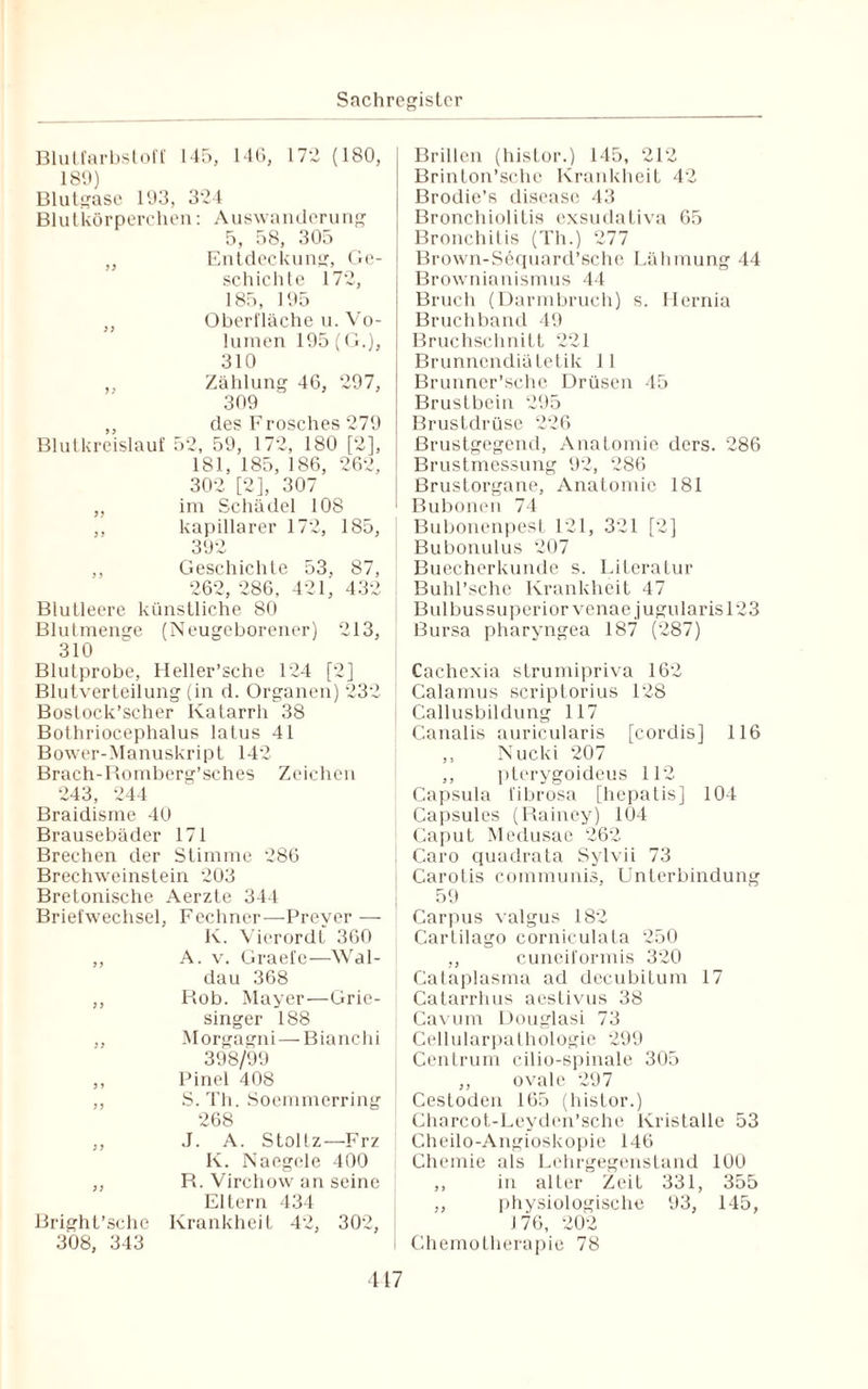 Blutfarbstoff 145, 146, 172 (180, 189) Blutgase 193, 324 Blutkörperchen: Auswanderung 5, 58, 305 „ Entdeckung, Ge¬ schichte 172, 185, 195 ,, Oberfläche u. Vo¬ lumen 195 (G.), 310 „ Zählung 46, 297, 309 ,, des Frosches 279 Blutkreislauf 52, 59, 172, 180 [2], 181, 185, 186, 262, 302 [2], 307 „ im Schädel 108 ,, kapillarer 172, 185, 392 ,, Geschichte 53, 87, 262, 286, 421, 432 Blutleere künstliche 80 Blutmenge (Neugeborener) 213, 310 Blutprobe, Heller’sche 124 [2] Blutverteilung (in d. Organen) 232 Boslock’scher Katarrh 38 Bothriocephalus latus 41 Bower-Manuskript 142 Brach-Romberg’sehes Zeichen 243, 244 Braidisme 40 Brausebäder 171 Brechen der Stimme 286 Brechweinstein 203 Bretonische Aerzte 344 Briefwechsel, Fechner—Preyer — K. Vierordt 360 ,, A. v. Graefe—Wal¬ dau 368 ,, Hob. Mayer—Grie¬ singer 188 ,, Morgagni—Bianchi 398/99 „ Pinel 408 ,, S. Th. Soemmerring 268 ,, J. A. Stollz—Frz K. Naegele 400 ,, R. Virehow an seine Eltern 434 Bright’sche Krankheit 42, 302, 308, 343 Brillen (histor.) 145, 212 Brinton’sche Krankheit 42 Brodie’s disease 43 Bronchiolitis exsudativa 65 Bronchitis (Th.) 277 Brown-Söquard’sche Lähmung 44 Brownianismus 44 Bruch (Darmbruch) s. Mernia Bruchband 49 Bruchschnitt 221 Brunnendiätetik 11 Brunncr’schc Drüsen 45 Brustbein 295 Brustdrüse 226 ßrustgegend, Anatomie ders. 286 Brustmessung 92, 286 Brustorgane, Anatomie 181 Bubonen 74 Bubonenpest 121, 321 [2] Bubonulus 207 Buecherkunde s. Literatur Buhl’sche Krankheit 47 Bulbus Superior venae jugularisl23 Bursa pharyngea 187' (287) Cachexia strumipriva 162 Calamus scriptorius 128 Callusbildung 117 Canalis auricularis [cordis] 116 ,, Nucki 207 ,, pterygoideus 112 Capsula fibrosa [hepatis] 104 Capsules (Rainey) 104 Caput Medusae 262 Caro quadrata Sylvii 73 Carotis communis, Unterbindung 59 Carpus valgus 182 Cartilago corniculata 250 ,, cuneiformis 320 Cataplasma ad decubitum 17 Catarrhus aestivus 38 Cavum Douglasi 73 Cellularpathologie 299 Centrum cilio-spinale 305 ,, ovale 297 Cestoden 165 (histor.) Charcot-Leyden’sche Kristalle 53 Cheilo-Angioskopie 146 Chemie als Lehrgegenstand 100 ,, in alter Zeit 331, 355 ,, physiologische 93, 145, 176, 202 Chemotherapie 78