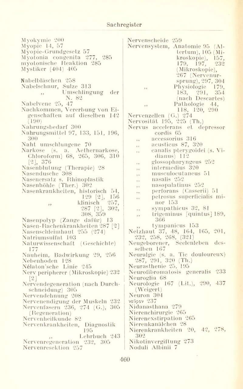 Myokymie 200 Myopie 14, 57 Myopie-Grundgesetz 57 MyoLonia congenita 277, 285 myotonische Reaktion 285 Mystiker (404) 405 Nabelbläschen 258 Nabelschnur, Sülze 313 ,, Umschlingung der N. 82 Nabelvene 25, 47 Nachkommen, Vererbung von Ei¬ genschaften auf dieselben 142 (190) X a hru ngsbe darf 300 Nahrungsmittel 97, 133, 151, 196, 300 Naht umschlungene 70 Narkose (s. a. Aethernarkose, Chloroform) 68, 265, 306, 310 [2], 376 Nasenblutung (Therapie) 28 Nasendusche 308 Nasenersatz s. Rhinoplastik Nasenhöhle (Ther.) 302 Nasenkrankheiten, historisch 54, 129 [2], 156 ,, klinisch 257, 287 [2], 302, 308, 359 Nasenpolyp (Zange dafür) 13 Nasen-Rachenkrankheiten 287 [2] Nasenschleimhaut 255 (274) Natriumsulfat 103 Naturwissenschaft (Geschichte) 177 Nauheim, Badwirkung 29, 256 Nebenhoden 128 Nölaton’sche Linie 245 Nerv peripherer (Mikroskopie) 232 [2] Nervendegeneration (nach Durch¬ schneidung) 305 Nervendehnung 208 Nervenendigung der Muskeln 232 Nervenfasern 236, 274 (G.), 305 (Regeneration) Nervenheilkunde 82 Nervenkrankheiten, Diagnostik 195 ,, Lehrbuch 243 Nervenregeneration 232, 305 Nervenresektion 257 Nervenscheide 259 Nervensystem, Anatomie 95 (Al¬ tertum), 105 (Mi¬ kroskopie), 157, 179, 197, 232 (Mikroskopie), 267 (NervenUr¬ sprung), 297, 304 ,, Physiologie 179, 183, 291, 354 (nach Descartes) ,, Pathologie 44, 118, 120, 290 Nervenzellen (G.) 274 Nervosität 195, 225 (Th.) Nervus accelerans et depressor cordis 65 ,, accessorius 316 ,, acusticus 87, 320 canalis pterygoidei (s. Vi¬ dianus) 112 ,, glossopharyngeus 252 ,, intermedius 320 ,, musculocutaneus 51 ,, nasalis 252 ,, nasopalatinus 252 ,, perforans (Casserii) 51 ,, petrosus superficialis mi- nor 153 ,, sympathicus 32, 81 ,, trigeminus [quintus] 189, 366 ,, tympanicus 153 Netzhaut 37, 48, 164, 165, 201, 232, 258, 268, (321) Neugeborener, Seelenleben des¬ selben 167 Neuralgie (s. a. Tic douloureux) 287, 291, 320 (Th.) Neurasthenie 25, 195 Neurofibromatosis generalis 233 Neuroglia 68 Neurologie 167 (LiL), 290, 437 (Weigert) Neuron 304 vsOpov 237 Nidanasthana 279 Nierenchirurgie 265 Nierenexstirpation 265 Nierenkanälchen 28 Nierenkrankheilen 20, 42, 278, 302 Nikotinvergiftung 273 Noduli Albinii 7 400