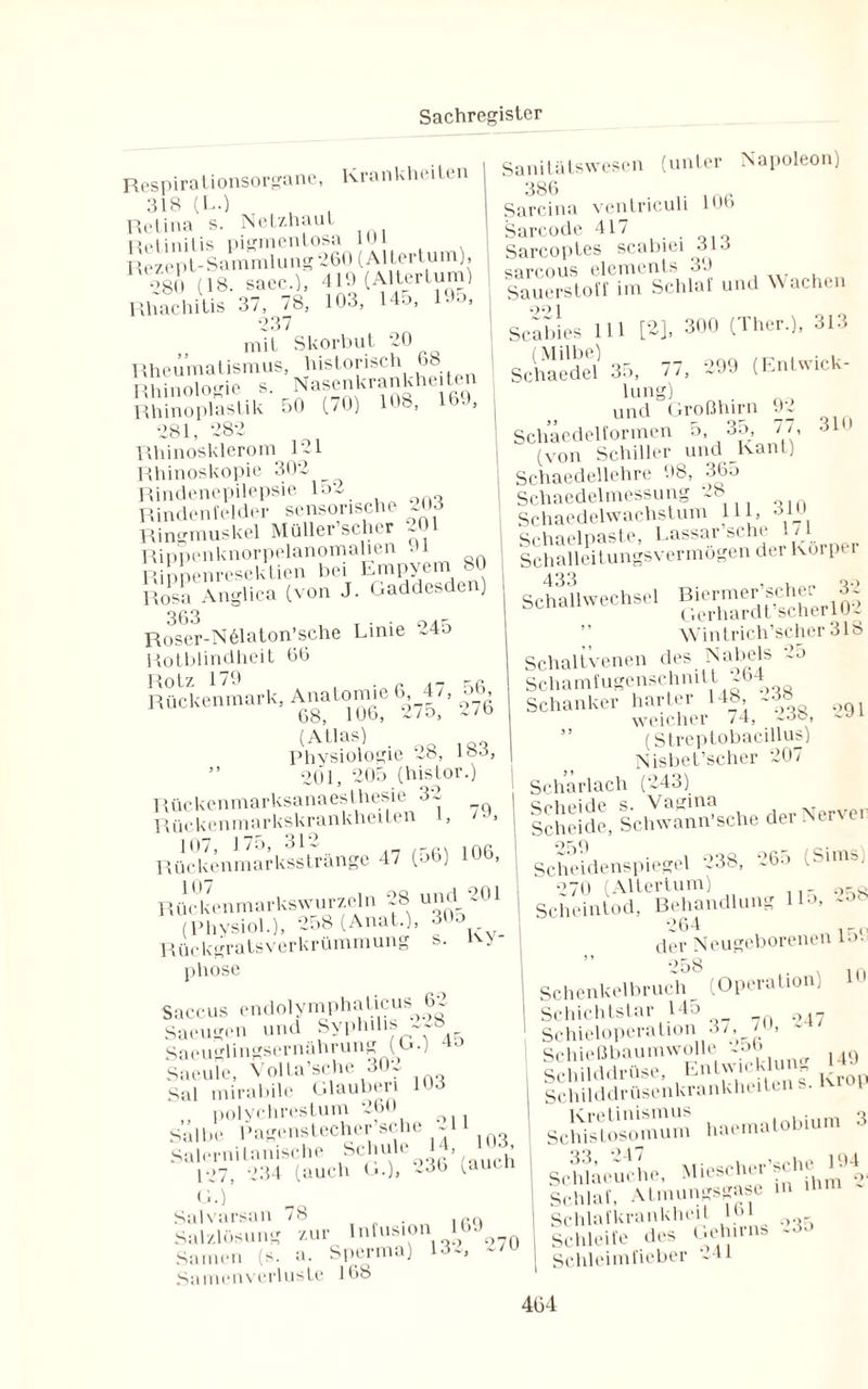 Respirationsorgane, Krankheiten 318 (L.) Retina s. Netzhaut Retinitis pigmentosa 101 Rezept-Sammlung260 (Mlerlum), 280 (18. saee.), 419 (Altertum) Rhachitis 37, 78, 103, 145, 195, 237 mit Skorbut 20 Rheumatismus, historisch 68 Rhinologie s. Nasenkrankheiten Rhinoplastik 50 (70) 108, 281, 282 Rhinosklerom 121 Rhinoskopie 302 Rindenepilepsie Io'-, Rindenfelder sensorische 203 Ringmuskel Müller’scher ~01 Rippenknorpelanomalien • 1 Ripnenresektien bei Empyem 80 Rosa Anglica (von J. Gaddesden) 363 , . 0/|t- Roser-N61aton’sche Lime ~4o Rotblindheit 66 Rotz 179 . r Ä7 Rückenmark, Anatomie 6,75>,.7(. (AUaSi) • o« 183 Physiologie 28, 189, 201, 205 (histor.) Rückenmarksanaesthesie 3 2 Rückenmarkskrankheiten , Rückenmarksstränge 47 (56) 16, Rückenmarkswurzeln 28 und ‘20! (l’hysiol.), 258 (Anat.), 30o Rückgratsverkrümmung s. phose Sanitätswesen (unter Napoleon) 386 Saccus endolymphaticus 6~ Sämigen und Syphilis--8 Saeuglingsornährung (G.) 40 SaeuFe, Volta’sche 302 Sal mirabile Glauben 103 „ polychrestum 260 o Salbe Pagenstecher sehe -1 Salernitanische Schule 1 , ■ P27, 234 (auch G.), 236 (auch G.) Salvarsan 78 . , RQ Salzlösung zur Infusion 163 Samen (s. a. Sperma) LU, Samenverluste 16b O O U m p Sarcina ventriculi 106 Sarcode 417 Sarcoptes scabiei 313 sarcous elements 39 Sauerstoff im Schlaf und Wachen Scabies 111 [2], 300 (Ther.), 313 Schaedel 35, 77, 299 (Entwick¬ lung) und Großhirn 92 Schaedelformen 5, 35, / /, 3 (von Schiller und Kan l) Schaedellehre 98, 365 Schaedelmessung 28 Schaedelwachstum 11, 310 Schaelpaste, Lassarsche 1 ‘ Schalleitungsvermögen der Koi per ScSlwcchsc. BU.rmcr.chjr^ Wintrich’scher 318 Schaltvenen des Nabels 2o Schamfugenschnitt ~64 Schanker harter 148, ~3» weicher /4, ~38, -n (Streptobacillus) Nisbet’scher 207 Scharlach (243) Cpv*pide s. I Scheide, Schwann’sche der Nervei I Scheidenspiegel 238, 265 (Simsj i 270 (Altertum) 9ro I Scheintod, Behandlung 115. 264 , ri der Neugeborenen io. 258 . in I Schenkelbruch (Operation) Schichtstar 145 _ 1 Schieioperation 37, jo, Schießbaumwolle ~»b Schilddrüse, Entwicklung j Schilddrüsenkrankheiten I Schi st os mn um haematobium 3 ScElaeuche, Miescher’sche194 Schlaf, Atmungsgase m Schlafkrankheit 161 Schleife des Gehn ns Schleimficber ~4i