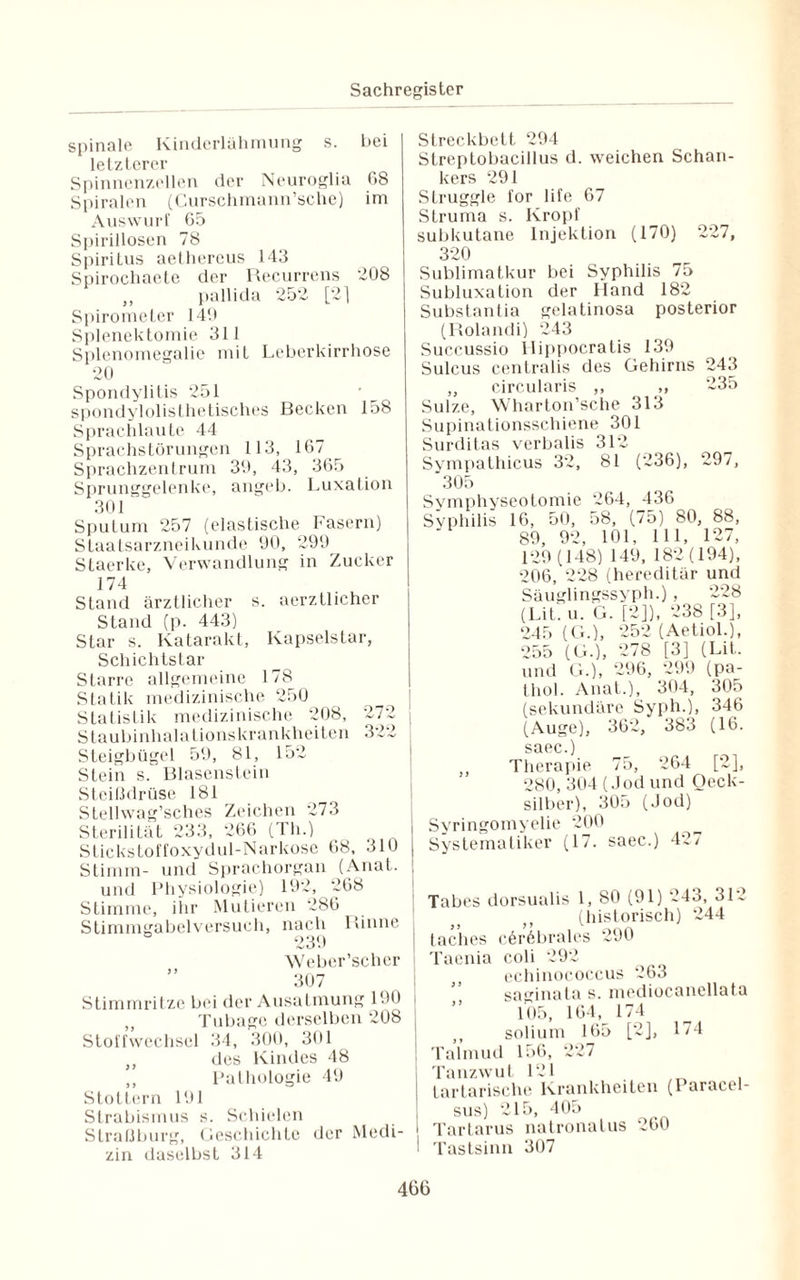 spinale Kinderlähmung s. hei letzterer Spinnenzellen der Neuroglia 08 Spiralen (Curschmann’sche) im Auswurf 65 Spirillosen 78 Spiritus aethereus 143 Spirochaete der Recurrens 208 ,, pallida 252 [2] Spirometer 140 Splenektomie 311 Splenomegalie mit Leberkirrhose 20 Spondylitis 251 spondylolisthetisches Becken 158 Sprachlaute 44 Sprachstörungen 113, 167 Sprachzentrum 30, 43, 365 Sprunggelenke, angeb. Luxation 301 Sputum 257 (elastische Fasern) Staatsarzneikunde 90, 290 Staerke, Verwandlung in Zucker 174 Stand ärztlicher s. aerztlicher Stand (p. 443) Star s. Katarakt, Kapselstar, Schichtstar Starre allgemeine 178 Statik medizinische 250 Statistik medizinische 208, 272 ; Staubinhalationskrankheiten 322 Steigbügel 50, 81, 152 Stein s. Blasenstein Steißdrüse 181 Stellwag’sches Zeichen 273 Sterilität 233, 266 (Th.) Stickstoffoxydul-Narkose 68, 310 Stimm- und Sprachorgan (Anat. und Physiologie) 192, 268 Stimme, ihr Mutieren 286 Stimmgabelversuch, nach Rinne j 239 Weber’scher J f 307 Stimmritze bei der Ausatmung 100 ; „ Tubage derselben 208 j Stoffwechsel 34, 300, 301 )t des Kindes 48 ,, Pathologie 49 Stottern 101 Strabismus s. Schielen Straßburg, Geschichte der Medi¬ zin daselbst 314 Streckbett 294 Streptobacillus d. weichen Schan¬ kers 291 Struggle for life 67 Struma s. Kropf subkutane Injektion (170) 227, 320 Sublimatkur bei Syphilis 75 Subluxation der Hand 182 Substantia gelatinosa posterior (Rolandi) 243 Succussio Hippocratis 130 Sulcus centralis des Gehirns 243 „ circularis ,, ,, 235 Sülze, Wharton’sche 313 Supinationsschiene 301 Surditas verbalis 312 Sympathicus 32, 81 (236), 297, 305 Symphyseotomie 264, 436 Syphilis 16, 50, 58, (75) 80, 88, 89, 92, 101, HL 127, 129 (148) 149, 182(194), 206, 228 (hereditär und Säuglingssyph.) , 228 (Lit. u. G. [2]), 238 [3], 245 (G.), 252 (Aetiol.), 255 (G.), 278 [3] (Lit. und G.), 296, 209 (pa- thol. Anat.), 304, 305 (sekundäre Syph.), 346 (Auge), 362, 383 (16. saec.) ,, Therapie 75, 264 [2], 280, 304 (Jod und Oeck- silber), 305 (Jod) Syringomyelie 200 Systematiker (17. saec.) 42/ Tabes dorsualis 1, 80 (91) 243, 313 (historisch) 244 taches c6r6brales 290 Taenia coli 292 echinococcus 263 ” saginata s. mediocanellata 105, 164, 174 it solium 165 [2], 174 Talmud 156, 227 Tanzwut 121 tartarische Krankheiten (Paracel¬ sus) 215, 405 Tartarus natronatus 260 Tastsinn 307
