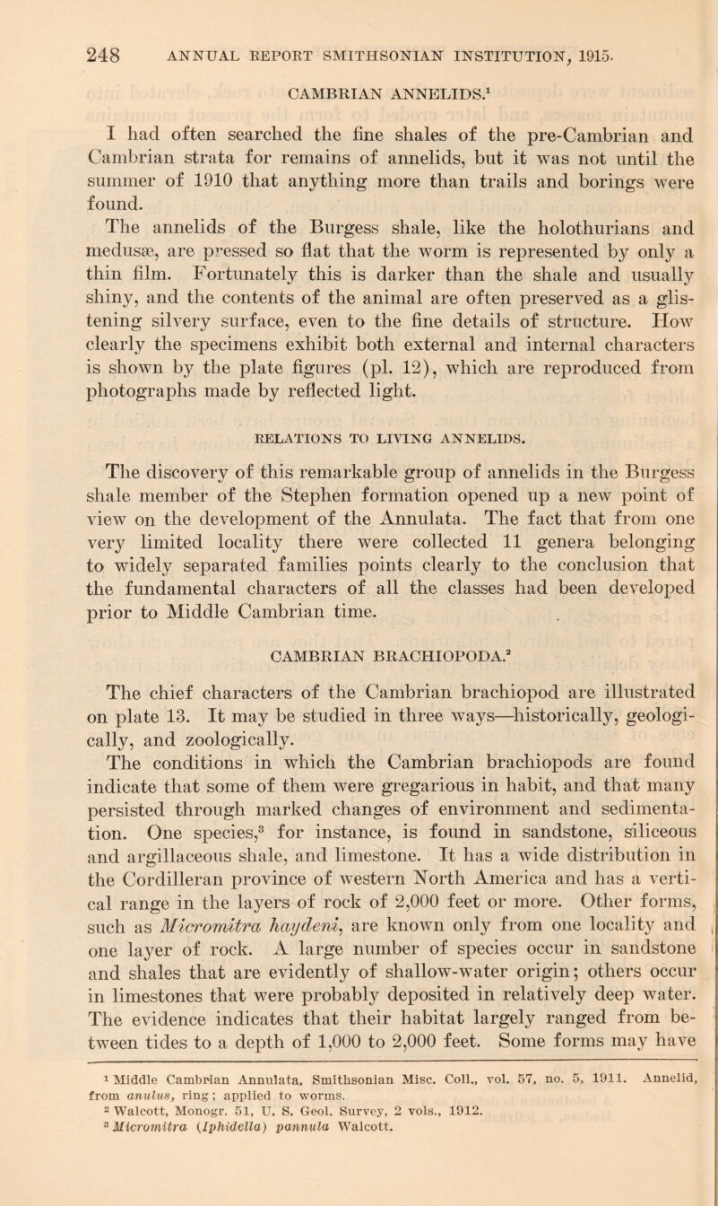 CAMBRIAN ANNELIDS.1 I had often searched the fine shales of the pre-Cambrian and Cambrian strata for remains of annelids, but it was not until the summer of 1910 that anything more than trails and borings were found. The annelids of the Burgess shale, like the holothurians and medusae, are pressed so flat that the worm is represented by only a thin film. Fortunately this is darker than the shale and usually shiny, and the contents of the animal are often preserved as a glis¬ tening silvery surface, even to the fine details of structure. Hoav clearly the specimens exhibit both external and internal characters is shown by the plate figures (pi. 12), which are reproduced from photographs made by reflected light. RELATIONS TO LIVING ANNELIDS. The discovery of this remarkable group of annelids in the Burgess shale member of the Stephen formation opened up a new point of view on the development of the Annulata. The fact that from one very limited locality there were collected 11 genera belonging to widely separated families points clearly to the conclusion that the fundamental characters of all the classes had been developed prior to Middle Cambrian time. CAMBRIAN BRACHI0P0DA.2 The chief characters of the Cambrian brachiopod are illustrated on plate 13. It may be studied in three ways—historically, geologi¬ cally, and zoologically. The conditions in which the Cambrian brachiopods are found indicate that some of them were gregarious in habit, and that many persisted through marked changes of environment and sedimenta¬ tion. One species,3 for instance, is found in sandstone, siliceous and argillaceous shale, and limestone. It has a wide distribution in the Cordilleran province of western North America and has a verti¬ cal range in the layers of rock of 2,000 feet or more. Other forms, such as Micromitra hay deni, are known only from one locality and , one layer of rock. A large number of species occur in sandstone i‘ and shales that are evidently of shallow-water origin; others occur in limestones that were probably deposited in relatively deep water. The evidence indicates that their habitat largely ranged from be¬ tween tides to a depth of 1,000 to 2,000 feet. Some forms may have 1 Middle Cambrian Annulata, Smithsonian Misc. Coll., vol. 57, no. 5, 1911. Annelid, from anulus, ring ; applied to worms. 2 Walcott, Monogr. 51, U. S. Geol. Survey, 2 vols., 1912.
