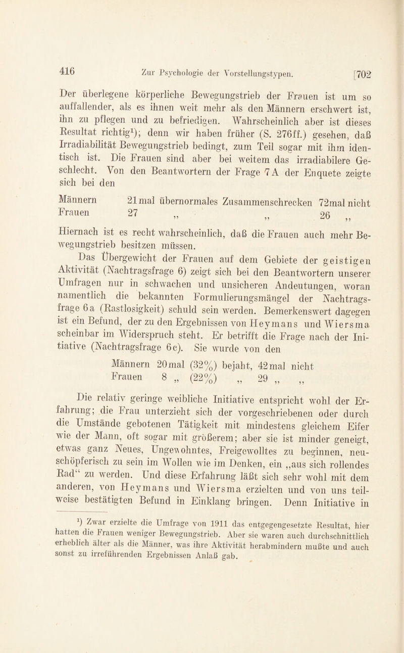 Der überlegene körperliche Bewegungstrieb der Frauen ist um so auffallender, als es ihnen weit mehr als den Männern erschwert ist, ihn zu pflegen und zu befriedigen. Wahrscheinlich aber ist dieses Resultat richtig1); denn wir haben früher (S. 276ff.) gesehen, daß Irradiabilität Bewegungstrieb bedingt, zum Teil sogar mit ihm iden¬ tisch ist. Die Frauen sind aber bei weitem das irradiabilere Ge¬ schlecht. Von den Beantwortern der Frage 7A der Enquete zeigte sich bei den Männern 21 mal übernormales Zusammenschrecken 72mal nicht Frauen 27 „ „ 26 „ Hiernach ist es recht wahrscheinlich, daß die Frauen auch mehr Be¬ wegungstrieb besitzen müssen. Das Übergewicht der Frauen auf dem Gebiete der geistigen Aktivität (Nachtragsfrage 6) zeigt sich bei den Beantwortern unserer Umf] agen nur in schwachen und unsicheren Andeutungen, woran namentlich die bekannten Formulierungsmängel der Nachtrags- nage 6a (Rastlosigkeit) schuld sein werden. Bemerkenswert dagegen ist ein Befund, der zu den Ergebnissen von Hey man s undWiersma scheinbar im Widerspruch steht. Er betrifft die Frage nach der Ini¬ tiative (Nachtragsfrage 6 c). Sie wurde von den Männern 20mal (32%) bejaht, 42mal nicht Frauen 8 „ (22%) „ 29 „ „ Die relativ geringe weibliche Initiative entspricht wohl der Er¬ fahrung; die Frau unterzieht sich der vorgeschriebenen oder durch die Umstände gebotenen Tätigkeit mit mindestens gleichem Eifer wie der Mann, oft sogar mit größerem; aber sie ist minder geneigt, etwas ganz Neues, Ungewohntes, Freigewolltes zu beginnen, neu¬ schöpferisch zu sein im Wollen wie im Denken, ein „aus sich rollendes Rad zu werden. Und diese Erfahrung läßt sich sehr wohl mit dem anderen, von Heymans und Wiersma erzielten und von uns teil¬ weise bestätigten Befund in Einklang bringen. Denn Initiative in 9 Zwar erzielte die Umfrage von 1911 das entgegengesetzte Resultat, hier hatten die Frauen weniger Bewegungstrieb. Aber sie waren auch durchschnittlich erheblich älter als die Männer, was ihre Aktivität herab mindern mußte und auch sonst zu irreführenden Ergebnissen Anlaß gab.