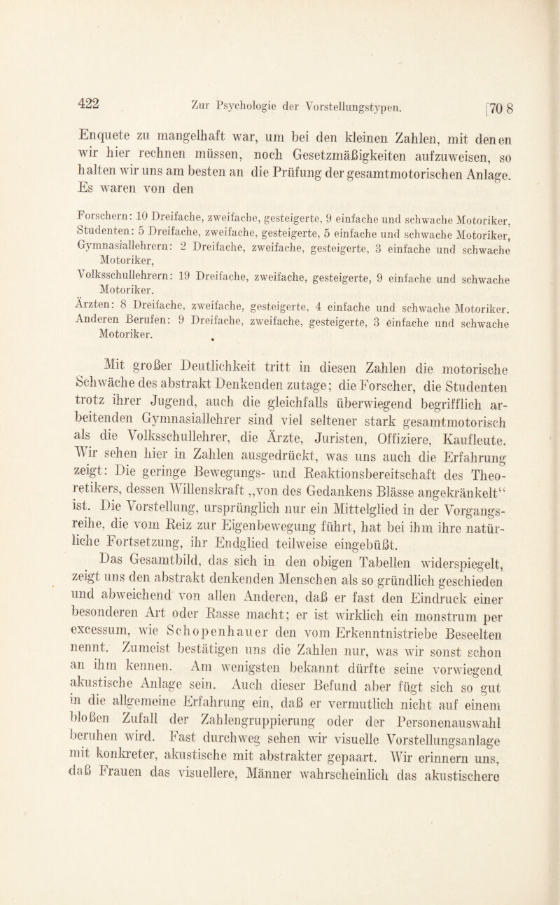 Enquete zu mangelhaft war, um bei den kleinen Zahlen, mit denen wir hier rechnen müssen, noch Gesetzmäßigkeiten aufzuweisen, so halten wir uns am besten an die Prüfung der gesamtmotorischen Anlage. Es waren von den Forschern: 10 Dreifache, zweifache, gesteigerte, 9 einfache und schwache Motoriker, Studenten: 5 Dreifache, zweifache, gesteigerte, 5 einfache und schwache Motoriker, Gymnasiallehrern: 2 Dreifache, zweifache, gesteigerte, 3 einfache und schwache Motoriker, Volksschullehrern: 19 Dreifache, zweifache, gesteigerte, 9 einfache und schwache Motoriker. Ärzten. 8 Dreifache, zweifache, gesteigerte, 4 einfache und schwache Motoriker. Anderen Berufen: 9 Dreifache, zweifache, gesteigerte, 3 einfache und schwache Motoriker. * Mit großer Deutlichkeit tritt in diesen Zahlen die motorische Schwäche des abstrakt Denkenden zutage; die Forscher, die Studenten trotz ihrer Jugend, auch die gleichfalls überwiegend begrifflich ar¬ beitenden Gymnasiallehrer sind viel seltener stark gesamtmotorisch als die Volksschullehrer, die Ärzte, Juristen, Offiziere, Kaufleute. V ii sehen hier in Zahlen ausgedrückt, was uns auch die Erfahrung zeigt: Die geringe Bewegungs- und Keaktionsbereitschaft des Theo- letikeis, dessen W illenskraft ,,von des Gedankens Blässe angekränkelt“ ist. Die Vorstellung, ursprünglich nur ein Mittelglied in der Vorgangs¬ reihe, die vom Reiz zur Eigenbewegung führt, hat bei ihm ihre natür¬ liche Fortsetzung, ihr Endglied teilweise eingebüßt. Das Gesamtbild, das sich in den obigen Tabellen widerspiegelt, zeigt uns den abstrakt denkenden Menschen als so gründlich geschieden und abweichend von allen Anderen, daß er fast den Eindruck einer besondeien Art oder Rasse macht; er ist wirklich ein monstrum per excessum, wie Schopenhauer den vom Erkenntnistriebe Beseelten nennt. Zumeist bestätigen uns die Zahlen nur, was wir sonst schon an ihm kennen. Am wenigsten bekannt dürfte seine vorwiegend akustische Anlage sein. Auch dieser Befund aber fügt sich so gut in die allgemeine Erfahrung ein, daß er vermutlich nicht auf einem bloßen Zufall der Zahlengruppierung oder der Personenauswahl beruhen wird. Fast durchweg sehen war visuelle Vorstellungsanlage mit konkreter, akustische mit abstrakter gepaart. Wir erinnern uns, daß Frauen das visuellere, Männer wahrscheinlich das akustischere