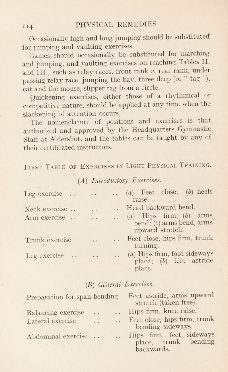 Occasionally high and long jumping should be substituted for jumping and vaulting exercises. Games should occasionally be substituted for marching and jumping, and vaulting exercises on reaching Tables II. and HE, such as relay races, front rank v. rear rank, under passing relay race, jumping the bay, three deep (or “ tag ), cat and the mouse, slipper tag from a circle. Quickening exercises, either those of a rhythmical or competitive nature, should be applied at any time when the slackening of attention occurs. The nomenclature of positions and exercises is that authorized and approved by the Headquarters Gymnastic Staff at Aldershot, and the tables can be taught by any of their certificated instructors. Eirst Table of Exercises in Light Physical Training. y Exercises. {a) Feet close; (6) heels raise. Head backward bend. (a) Hips firm; (b) arms bend; (c) arms bend, arms upward stretch. Feet close, hips firm, trunk turning. (a) Hips firm, foot sideways place; (b) feet astride place. Exercises. Feet astride, arms upward stretch (taken free). Hips firm, knee raise. Feet close, hips firm, trunk bending sideways. Hips firm, feet sideways place, trunk bending backwards. [A) Introducto) Leg exercise Neck exercise . . Arm exercise .. Trunk exercise Leg exercise (B) General Preparation for span bending Balancing exercise Lateral exercise Abdominal exercise ..