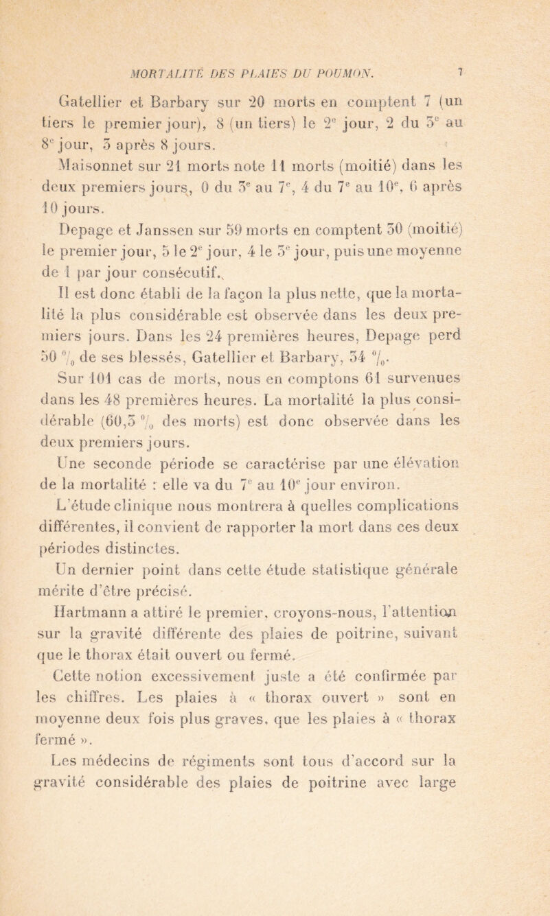 Gatelîier et Barbary sur 20 morts en comptent 1 (un tiers ie premier jour), 8 (un tiers) le 2e jour, 2 du 5L au 8e jour, 5 après 8 jours, Maisonnet sur 21 morts note 11 morts (moitié) dans les deux premiers jours, 0 du 5e au 7e, 4 du 7e au 10°, 6 après 10 jours. Depage et Janssen sur 59 morts en comptent 50 (moitié) le premier jour, 5 le 2e jour, 4 le 5e jour, puis une moyenne de ! par jour consécutif.v I! est donc établi de la façon la plus nette, que la morta¬ lité la plus considérable est observée dans les deux pre¬ miers jours. Dans les 24 premières heures, Depage perd 50 70 de ses blessés, Gatelîier et Barbary, 54 °/0. Sur 101 cas de morts, nous en comptons 61 survenues dans les 48 premières heures. La mortalité la plus consi¬ dérable (60,5 % des morts) est donc observée dans les deux premiers jours. Une seconde période se caractérise par une élévation de la mortalité ; elle va du 7e au 10e jour environ. L’étude clinique nous montrera à quelles complications différentes, il convient de rapporter la mort dans ces deux périodes distinctes. Un dernier point dans cette étude statistique générale mérite d'être précisé. Hartmann a attiré le premier, croyons-nous, l’attention sur la gravité différente des plaies de poitrine, suivant que le thorax était ouvert ou fermé. Cette notion excessivement juste a été confirmée par les chiffres. Les plaies à « thorax ouvert » sont en moyenne deux fois plus graves, que les plaies à « thorax fermé ». Les médecins de régiments sont tous d’accord sur la gravité considérable des plaies de poitrine avec large
