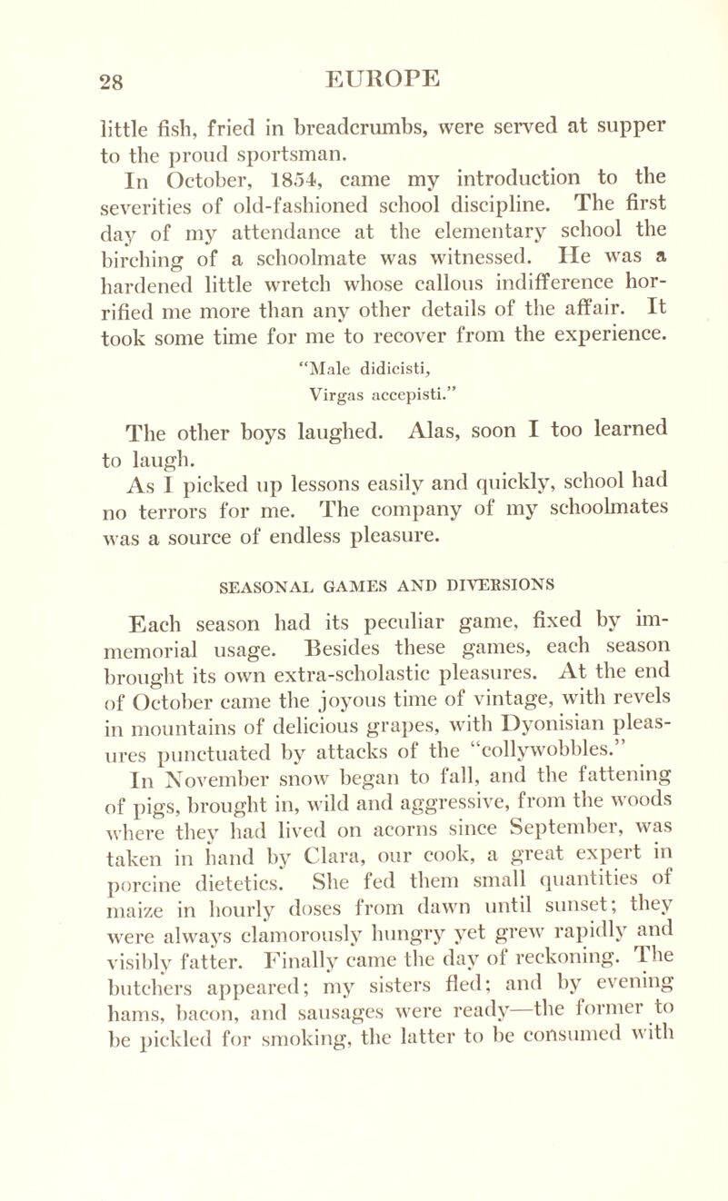 little fish, fried in breadcrumbs, were served at supper to the proud sportsman. In October, 1854, came my introduction to the severities of old-fashioned school discipline. The first day of my attendance at the elementary school the birching of a schoolmate was witnessed. lie was a hardened little wretch whose callous indifference hor¬ rified me more than any other details of the affair. It took some time for me to recover from the experience. “Male didicisti, Virgas accepisti.” The other boys laughed. Alas, soon I too learned to laugh. As I picked up lessons easily and quickly, school had no terrors for me. The company of my schoolmates was a source of endless pleasure. SEASONAL GAMES AND DIVERSIONS Each season had its peculiar game, fixed by im¬ memorial usage. Besides these games, each season brought its own extra-scholastic pleasures. At the end of October came the joyous time of vintage, with revels in mountains of delicious grapes, with Dyonisian pleas¬ ures punctuated by attacks of the “collywobbles.” In November snow began to fall, and the fattening of pigs, brought in, wild and aggressive, from the woods where they had lived on acorns since Septembei, was taken in hand by Clara, our cook, a great expert in porcine dietetics. She fed them small quantities of maize in hourly doses from dawn until sunset, they were always clamorously hungry yet grew rapidly and visibly fatter. Finally came the day of reckoning. The butchers appeared; my sisters fled; and by evening hams, bacon, and sausages were ready the former to be pickled for smoking, the latter to be consumed with