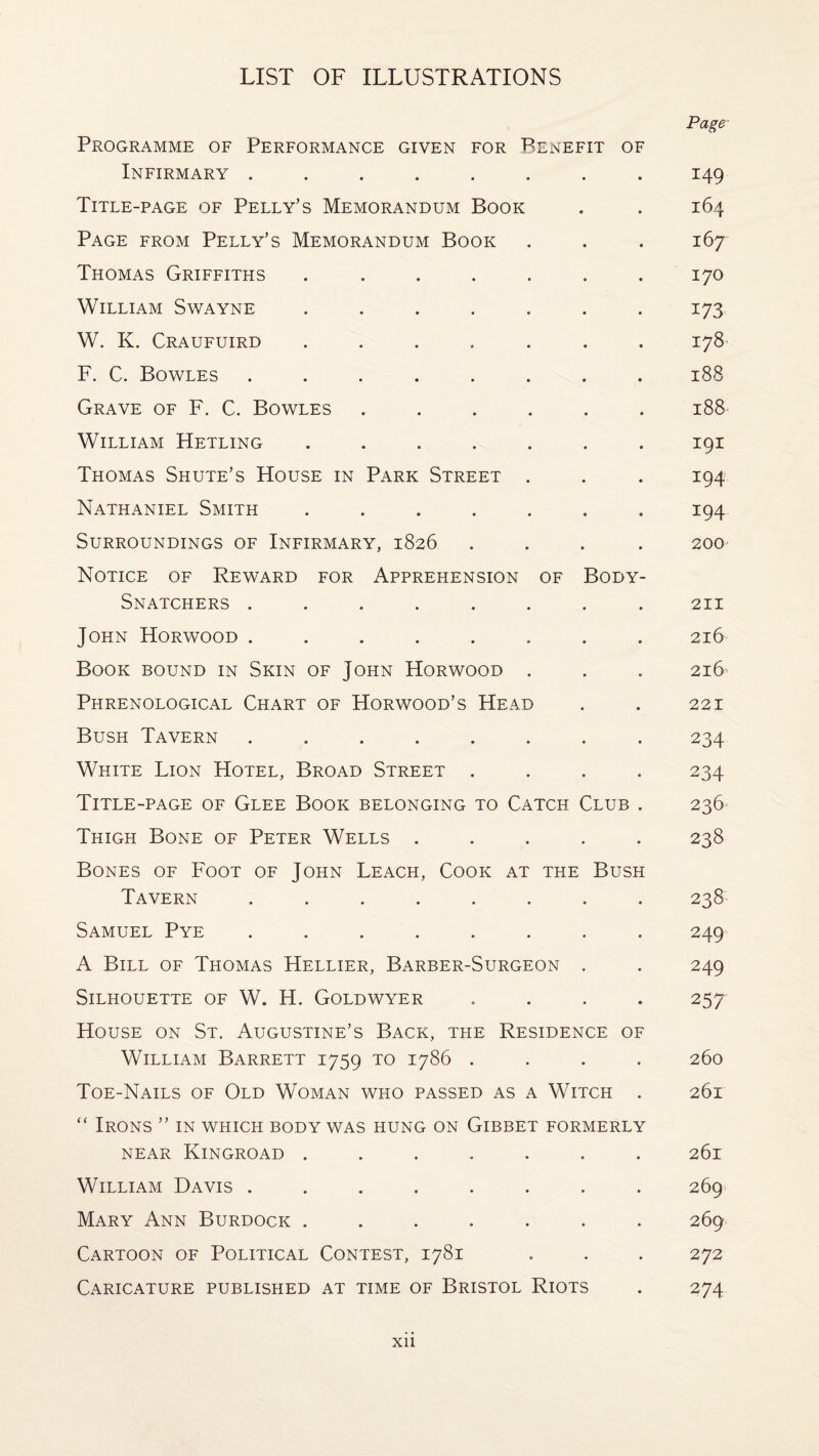 Page Programme of Performance given for Benefit of Infirmary ........ 149 Title-page of Pelly’s Memorandum Book . . 164 Page from Pelly’s Memorandum Book . . . 167 Thomas Griffiths ....... 170 William Swayne ....... 173 W. K. Craufuird ....... 178 F. C. Bowles ........ 188 Grave of F. C. Bowles ...... 188 William Hetling ....... 191 Thomas Shute’s House in Park Street . . . 194 Nathaniel Smith ....... 194 Surroundings of Infirmary, 1826 .... 200 Notice of Reward for Apprehension of Body- Snatchers ........ 211 John Horwood ........ 216 Book bound in Skin of John Horwood . . . 216 Phrenological Chart of Horwood’s Head . . 221 Bush Tavern ........ 234 White Lion Hotel, Broad Street .... 234 Title-page of Glee Book belonging to Catch Club . 236 Thigh Bone of Peter Wells ..... 238 Bones of Foot of John Leach, Cook at the Bush Tavern ........ 238 Samuel Pye . . . . . . . . 249 A Bill of Thomas Hellier, Barber-Surgeon . . 249 Silhouette of W. H. Goldwyer .... 257 House on St. Augustine’s Back, the Residence of William Barrett 1759 to 1786 .... 260 Toe-Nails of Old Woman who passed as a Witch . 261 “ Irons ” in which body was hung on Gibbet formerly near Ringroad ....... 261 William Davis ........ 269 Mary Ann Burdock ....... 269 Cartoon of Political Contest, 1781 . . . 272 Caricature published at time of Bristol Riots . 274