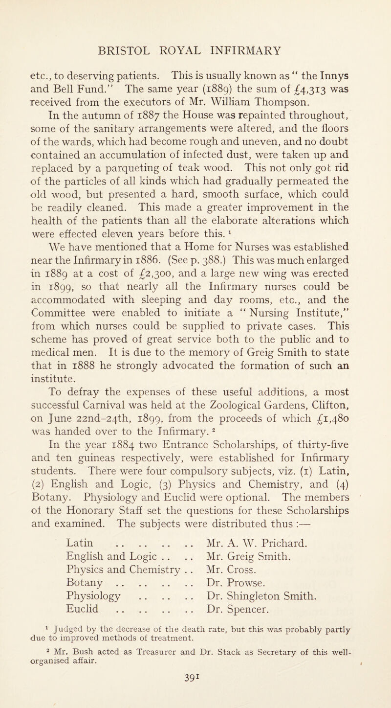 etc., to deserving patients. This is usually known as “ the Innys and Bell Fund.’' The same year (1889) the sum of £4,313 was received from the executors of Mr. William Thompson. In the autumn of 1887 the House was repainted throughout, some of the sanitary arrangements were altered, and the floors of the wards, which had become rough and uneven, and no doubt contained an accumulation of infected dust, were taken up and replaced by a parqueting of teak wood. This not only got rid of the particles of all kinds which had gradually permeated the old wood, but presented a hard, smooth surface, which could be readily cleaned. This made a greater improvement in the health of the patients than all the elaborate alterations which were effected eleven years before this.1 We have mentioned that a Home for Nurses was established near the Infirmary in 1886. (See p. 388.) This was much enlarged in 1889 at a cost of £2,300, and a large new wing was erected in 1899, so that nearly all the Infirmary nurses could be accommodated with sleeping and day rooms, etc., and the Committee were enabled to initiate a “ Nursing Institute/' from which nurses could be supplied to private cases. This scheme has proved of great service both to the public and to medical men. It is due to the memory of Greig Smith to state that in 1888 he strongly advocated the formation of such an institute. To defray the expenses of these useful additions, a most successful Carnival was held at the Zoological Gardens, Clifton, on June 22nd-2qth, 1899, from the proceeds of which £1,480 was handed over to the Infirmary.2 In the year 1884 two Entrance Scholarships, of thirty-five and ten guineas respectively, were established for Infirmary students. There were four compulsory subjects, viz. (1) Latin, (2) English and Logic, (3) Physics and Chemistry, and (4) Botany. Physiology and Euclid were optional. The members of the Honorary Staff set the questions for these Scholarships and examined. The subjects were distributed thus :— Latin .Mr. A. W. Prichard. English and Logic .. . . Mr. Greig Smith. Physics and Chemistry . . Mr. Cross. Botany.Dr. Prowse. Physiology . Dr. Shingleton Smith. Euclid .Dr. Spencer. 1 Judged by the decrease of the death rate, but this was probably partly due to improved methods of treatment. 2 Mr. Bush acted as Treasurer and Dr. Stack as Secretary of this well- organised affair.