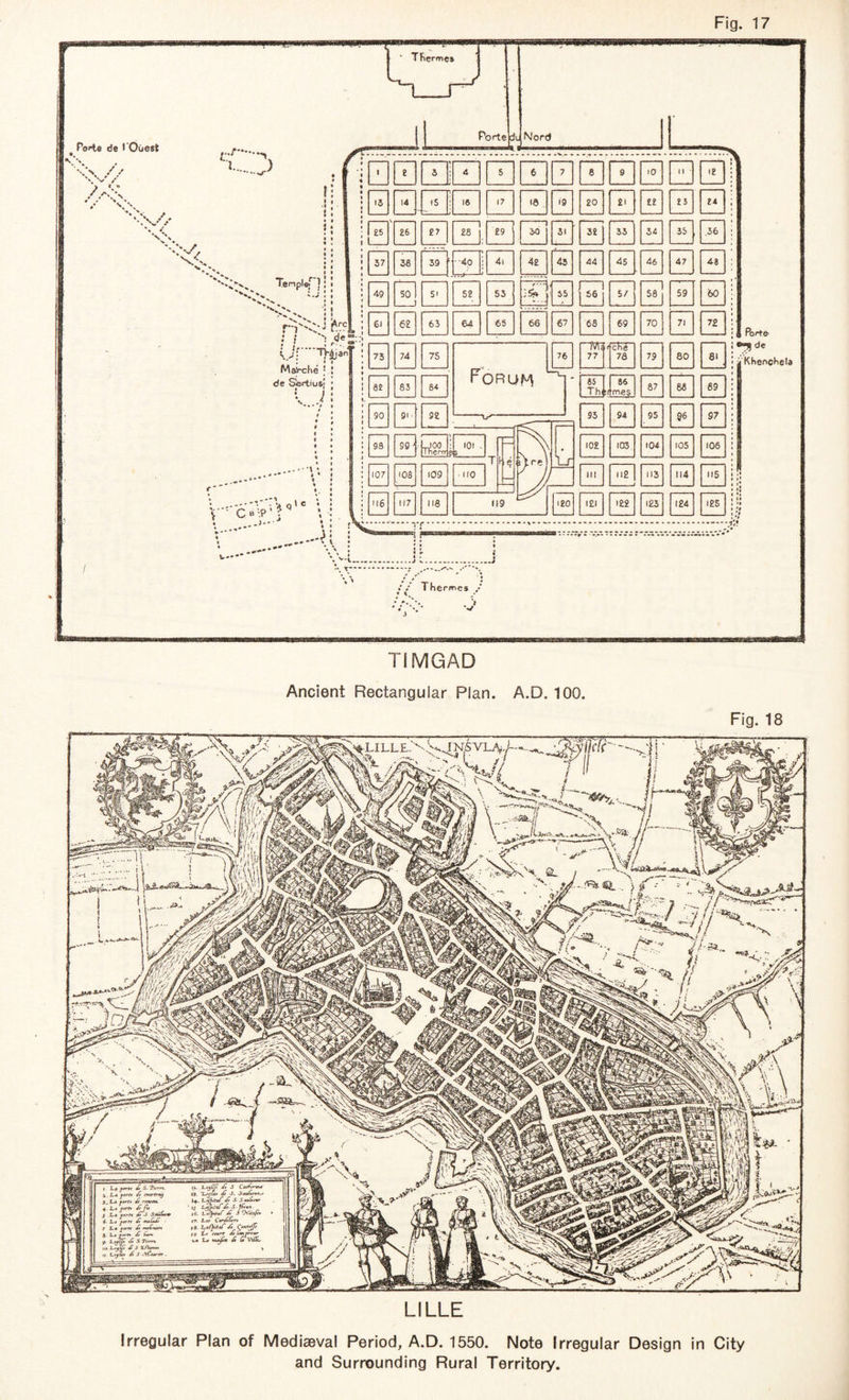TFierme* Porte de t'Ouest V/ > *.* /S'. *\ *d?i Nord J[ f: * » X \ Temp! ©T |; » z.j ! t i 1 >x 's » I \ V • iA rrc • I lv / f •.Jf-TV^an • I M&v-che ' ! de SertiuS' * l. Ji C a \? ' □□Q00m000000j 0000 0 00 000 0 0! 0'0BB:000B0000! 49 SO i 51 000000000000! 73 74 75 76 001“ 1 P] [ 9' j 92 j Forum y \r \_i ——_i- Porta de ®* I ! VKheoc^ela 00000; ..y- : • » * • »■ « • . J *.. Thermes / » < J* at TIMGAD Ancient Rectangular Plan. A.D. 100. Fig. 18 LILLE Irregular Plan of Medieval Period, A.D. 1550. Note Irregular Design in City and Surrounding Rural Territory.