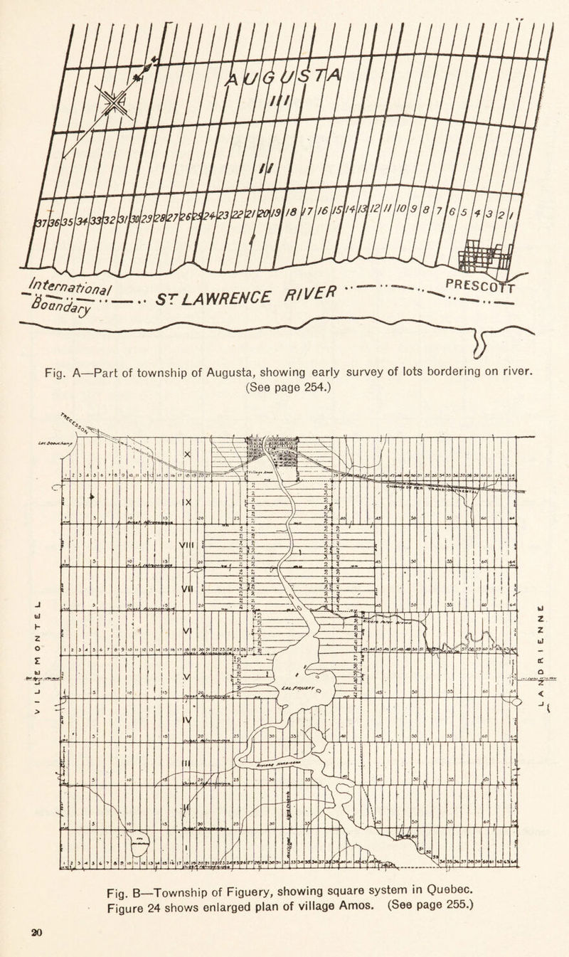 Fig- B—Township of Figuery, showing square system in Quebec. Figure 24 shows enlarged plan of village Amos. (See page 255.) 20