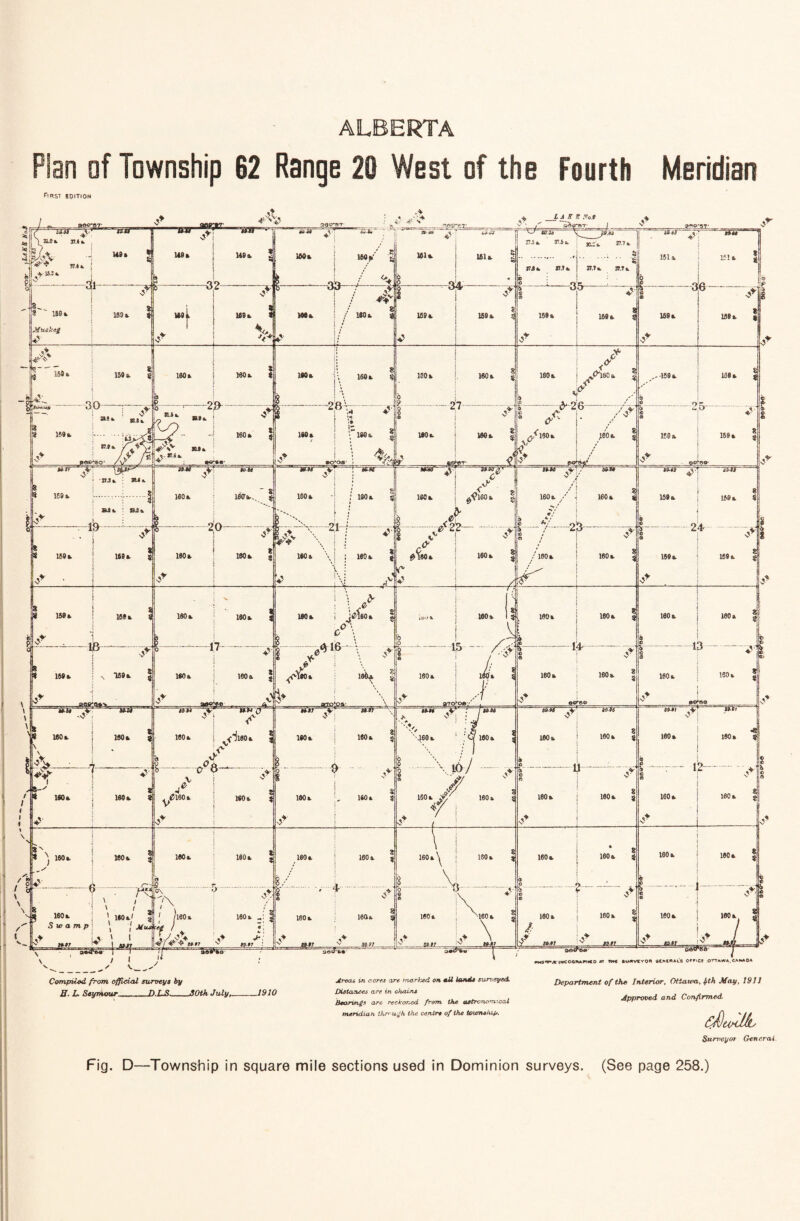 Plan of Township 62 Range 20 West of the Fourth Meridian First edition / A._ Compiled from official surveys by B. L. Seymour__D.US_30th July, ,1910 Areas in cores are marked on ell lands surveyed. Distances are in chains Bearings arc reckoned from the astronomical meridian through the centre of the township. ae^r- n me fttWIVCYOft eCNCAALS OC^Ct .OTTAWA, CANAOA Department of the Interior, Ottawa, £th May, 1911 Approved and Confirmed. Surveyor General Fig. D—Township in square mile sections used in Dominion surveys. (See page 258.)