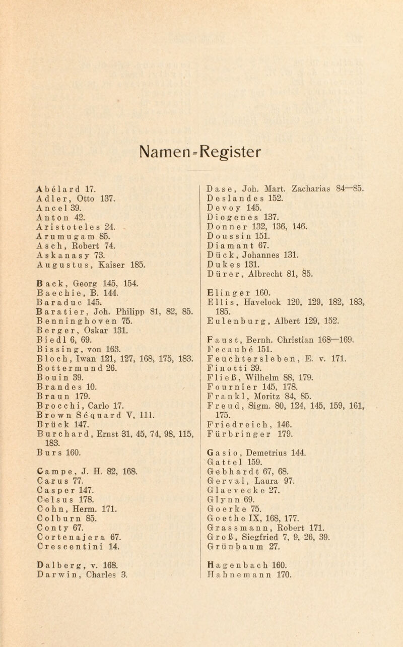 Namen = Register A b 61 a r d 17. Adler, Otto 137. A n c e 1 39. Anton 42. Aristoteles 24. - Arumugam 85. Asch, Robert 74. Askanasy 73. Augustus, Kaiser 185. Back, Georg 145, 154. Baechie, B. 144. B a r a d u c 145. Baratier, Job. Philipp 81, 82, 85. Benninghoven 75. Berger, Oskar 131. B i e d 1 6, 69. B i s s i n g , von 163. Bloch, Iwan 121, 127, 168, 175, 183. Bottermund 26. B o u i n 39. Brandes 10. Braun 179. Brocchi, Carlo 17. Brown Sequard Y, 111. Brück 147. Burchard, Ernst 31, 45, 74, 183. Burs 160. Campe, J. H. 82, 168. C ar u s 77. C a s p e r 147. C e 1 s u s 178. Cohn, Herrn. 171. C o 1 b u r n 85. C o n t y 67. Cortenajera 67. Crescentini 14. Dalberg, v. 168. Darwin, Charles 3. Dase, Joh. Mart. Zacharias 84—85. Deslandes 152. D e v o y 145. Diogenes 137. Donner 132, 136, 146. Doussin 151. Diamant 67. D ü c k , Johannes 131. Dukes 131. Dürer, Albrecht 81, 85. E1 i n g e r 160. Ellis, Havelock 120, 129, 182, 183, 185. Eulenburg, Albert 129, 152. G a s i o , Demetrius 144. Gattei 159. Gebhardt 67, 68. G e r v a i, Laura 97. Glaevecke 27. G 1 y n n 69. Goerke 75. G o e t h e IX, 168, 177. Grassmann, Robert 171. Groß, Siegfried 7, 9, 26, 39. Grünbaum 27. Hagenbach 160. H ahnemann 170. Faust, Bernh. Christian 168—169. Fecaube 151. Feuchtersieben, E. v. 171. F i n o 11 i 39. Fließ, Wilhelm 88, 179. Fournier 145, 178. Frankl, Moritz 84, 85. Freud, Sigm. 80, 124, 145, 159, 161, 175. Friedreich, 146. ,115, Fürbringer 179.