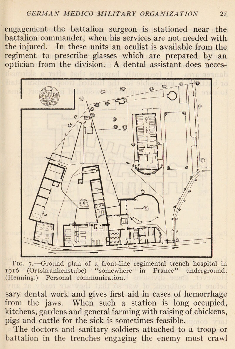 engagement the battalion surgeon is stationed near the battalion commander, when his services are not needed with the injured. In these units an oculist is available from the regiment to prescribe glasses which are prepared by an optician from the division. A dental assistant does neces- Fig. 7.—Ground plan of a front-line regimental trench hospital in 1916 (Ortskrankenstube) “somewhere in France” underground. (Henning.) Personal communication. sary dental work and gives first aid in cases of hemorrhage from the jaws. When such a station is long occupied, kitchens, gardens and general farming with raising of chickens, pigs and cattle for the sick is sometimes feasible. The doctors and sanitary soldiers attached to a troop or battalion in the trenches engaging the enemy must crawl
