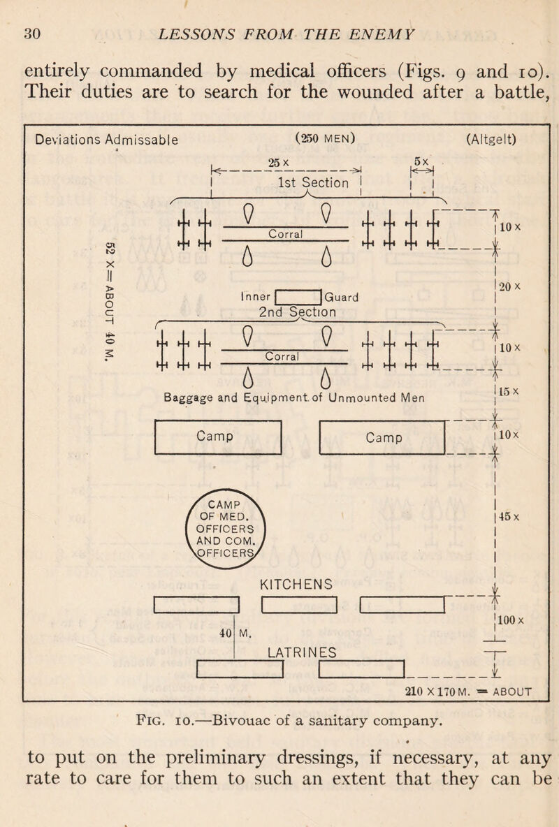entirely commanded by medical officers (Figs. 9 and 10). Their duties are to search for the wounded after a battle, to put on the preliminary dressings, if necessary, at any rate to care for them to such an extent that they can be
