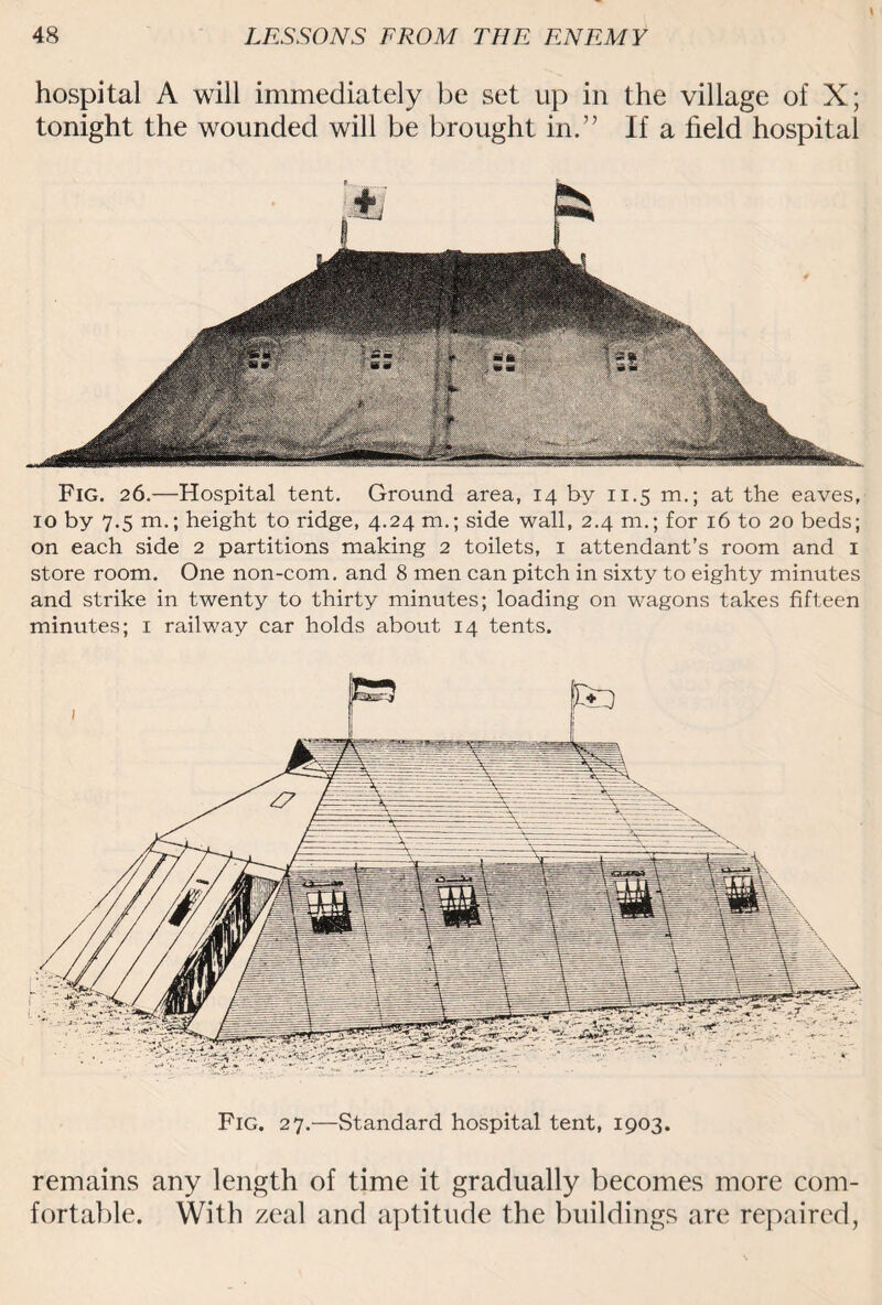 hospital A will immediately be set up in the village of X; tonight the wounded will be brought in.” If a field hospital Fig. 26.—Hospital tent. Ground area, 14 by 11.5 m.; at the eaves, 10 by 7.5 m.; height to ridge, 4.24 m.; side wall, 2.4 m.; for 16 to 20 beds; on each side 2 partitions making 2 toilets, 1 attendant’s room and 1 store room. One non-com. and 8 men can pitch in sixty to eighty minutes and strike in twenty to thirty minutes; loading on wagons takes fifteen minutes; 1 railway car holds about 14 tents. Fig. 27.—Standard hospital tent, 1903. remains any length of time it gradually becomes more com¬ fortable. With zeal and aptitude the buildings are repaired,
