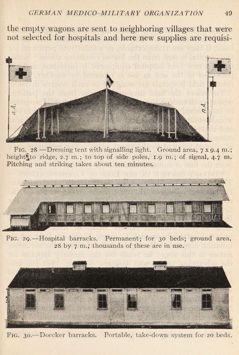 the empty wagons are sent to neighboring villages that were not selected for hospitals and here new supplies are requisi- Fig. 28—Dressing tent with signalling light. Ground area, 7 x 9.4 m.; height^to ridge, 2.7 m.; to top of side poles, 1.9 m.; of signal, 4.7 m. Pitching and striking takes about ten minutes. Fig. 29.—Hospital barracks. Permanent; for 30 beds; ground area, 28 by 7 m.; thousands of these are in use. Fig. 30.—Doeclcer barracks. Portable, take-down system for 20 beds.