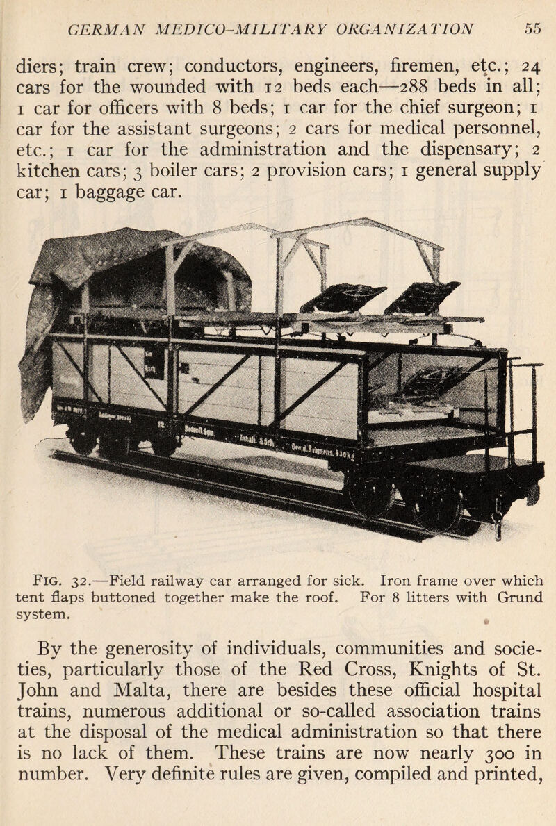 diers; train crew; conductors, engineers, firemen, etc.; 24 cars for the wounded with 12 beds each—288 beds in all; 1 car for officers with 8 beds; 1 car for the chief surgeon; 1 car for the assistant surgeons; 2 cars for medical personnel, etc.; 1 car for the administration and the dispensary; 2 kitchen cars; 3 boiler cars; 2 provision cars; 1 general supply car; 1 baggage car. Fig. 32.—Field railway car arranged for sick. Iron frame over which tent flaps buttoned together make the roof. For 8 litters with Grund system. By the generosity of individuals, communities and socie¬ ties, particularly those of the Red Cross, Knights of St. John and Malta, there are besides these official hospital trains, numerous additional or so-called association trains at the disposal of the medical administration so that there is no lack of them. These trains are now nearly 300 in number. Very definite rules are given, compiled and printed,