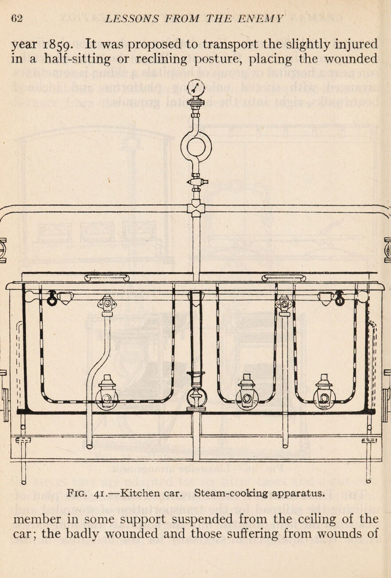 year 1859. It was proposed to transport the slightly injured in a half-sitting or reclining posture, placing the wounded member in some support suspended from the ceiling of the car; the badly wounded and those suffering from wounds of