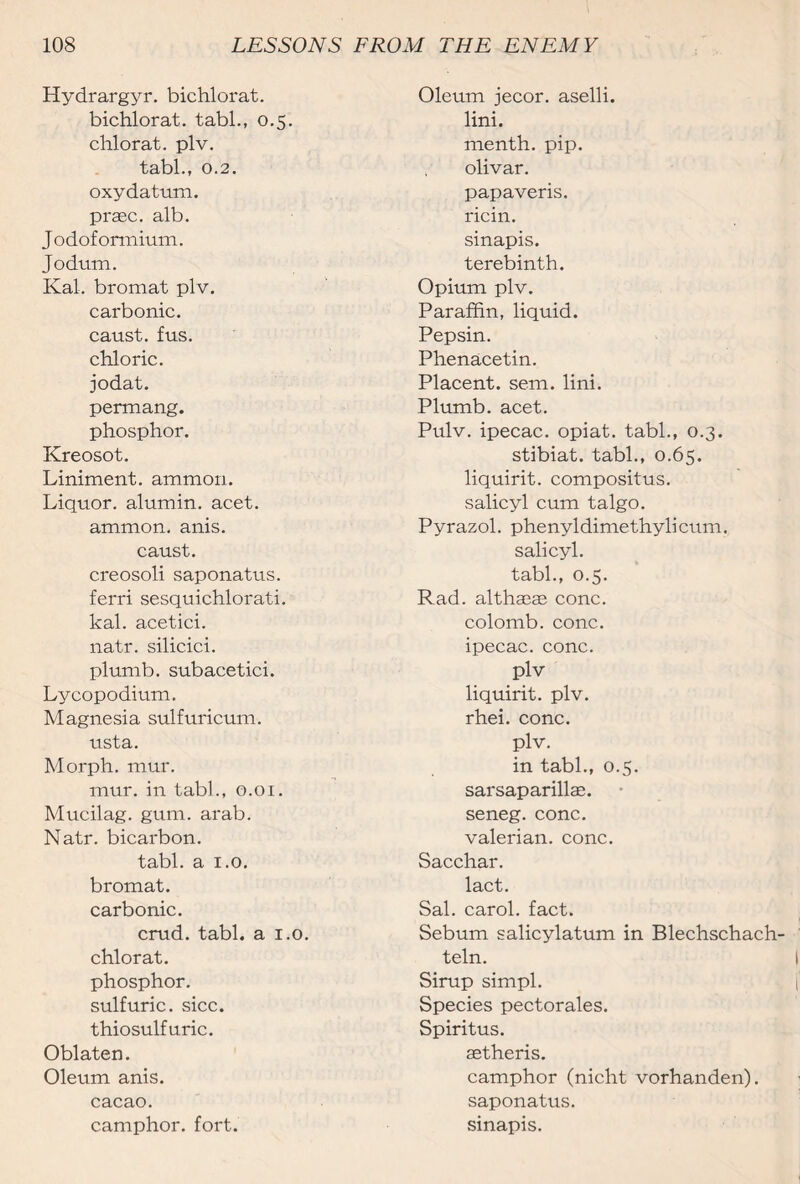 Hydrargyr. bichlorat. bichlorat. tabl., 0.5. chlorat. plv. tabl., 0.2. oxy datura, praec. alb. Jodoformium. Jodum. Kal. bromat plv. carbonic, caust. fus. chloric, jodat. permang. phosphor. Kreosot. Liniment, ammon. Liquor, alumin. acet. ammon, anis. caust. creosoli saponatus. ferri sesquichlorati. kal. acetici. natr. silicici. plumb, sub acetici. Lycopodium. Magnesia sulfuricum. usta. Morph, mur. mur. in tabl., 0.01. Mucilag. gum. arab. Natr. bicarbon. tabl. a 1.0. bromat. carbonic. crud. tabl. a 1.0. chlorat. phosphor, sulfuric, sicc. thiosulfuric. Oblaten. Oleum anis. cacao. camphor, fort. Oleum jecor. aselli. lini. menth. pip. olivar. papaveris. ricin. sinapis. terebinth. Opium plv. Paraffin, liquid. Pepsin. Phenacetin. Placent. sem. lini. Plumb, acet. Pulv. ipecac, opiat. tabl., 0.3. stibiat. tabl., 0.65. liquirit. compositus. salicyl cum talgo. Pyrazol. phenyl dime thyli cum. salicyl. tabl., 0.5. Rad. althaeas cone, colomb. cone, ipecac, cone, plv liquirit. plv. rhei. cone, plv. in tabl., 0.5. sarsaparillae. seneg. cone, valerian, cone. Sacchar. lact. Sal. carol, fact. Sebum salicylatum in Blechschach- teln. Sirup simpl. Species pectorales. Spiritus. setheris. camphor (nicht vorhanden). saponatus. sinapis.