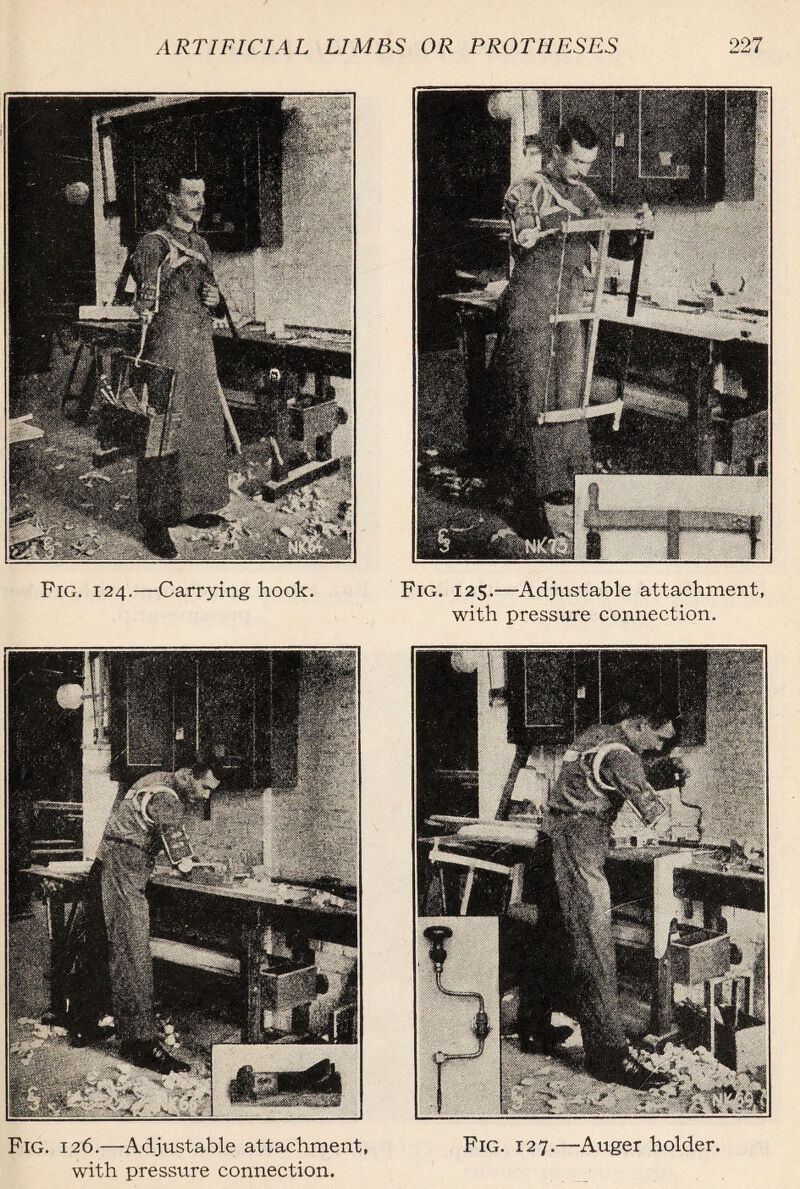 Fig. 124.—Carrying hook. Fig. 125.—Adjustable attachment, with pressure connection. Fig. 126.—Adjustable attachment, Fig. 127.—Auger holder, with pressure connection.