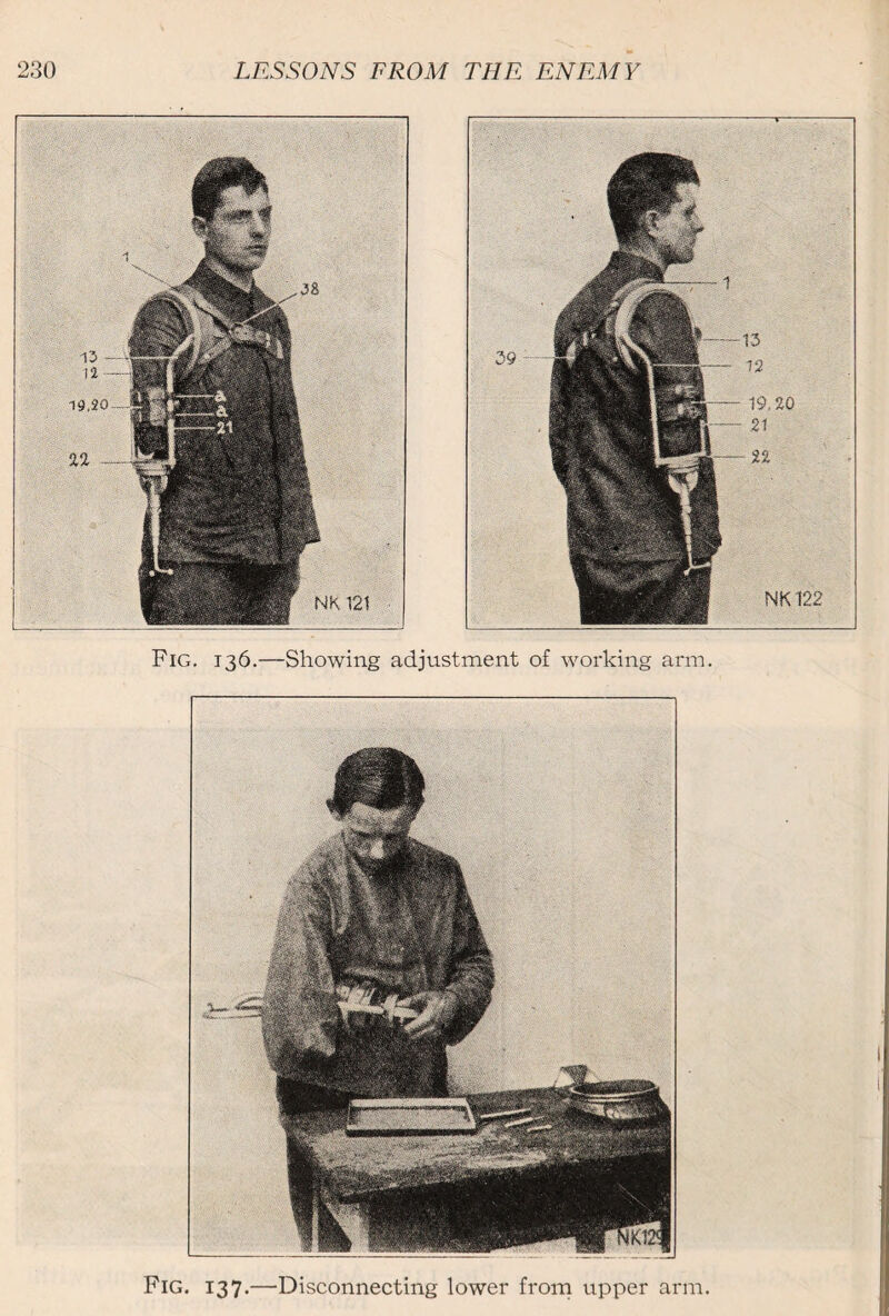 Fig. 136.—Showing adjustment of working arm. 13 u 19,20 NK 121 NK122 19, W 21 n Fig. 137.—Disconnecting lower from upper arm.